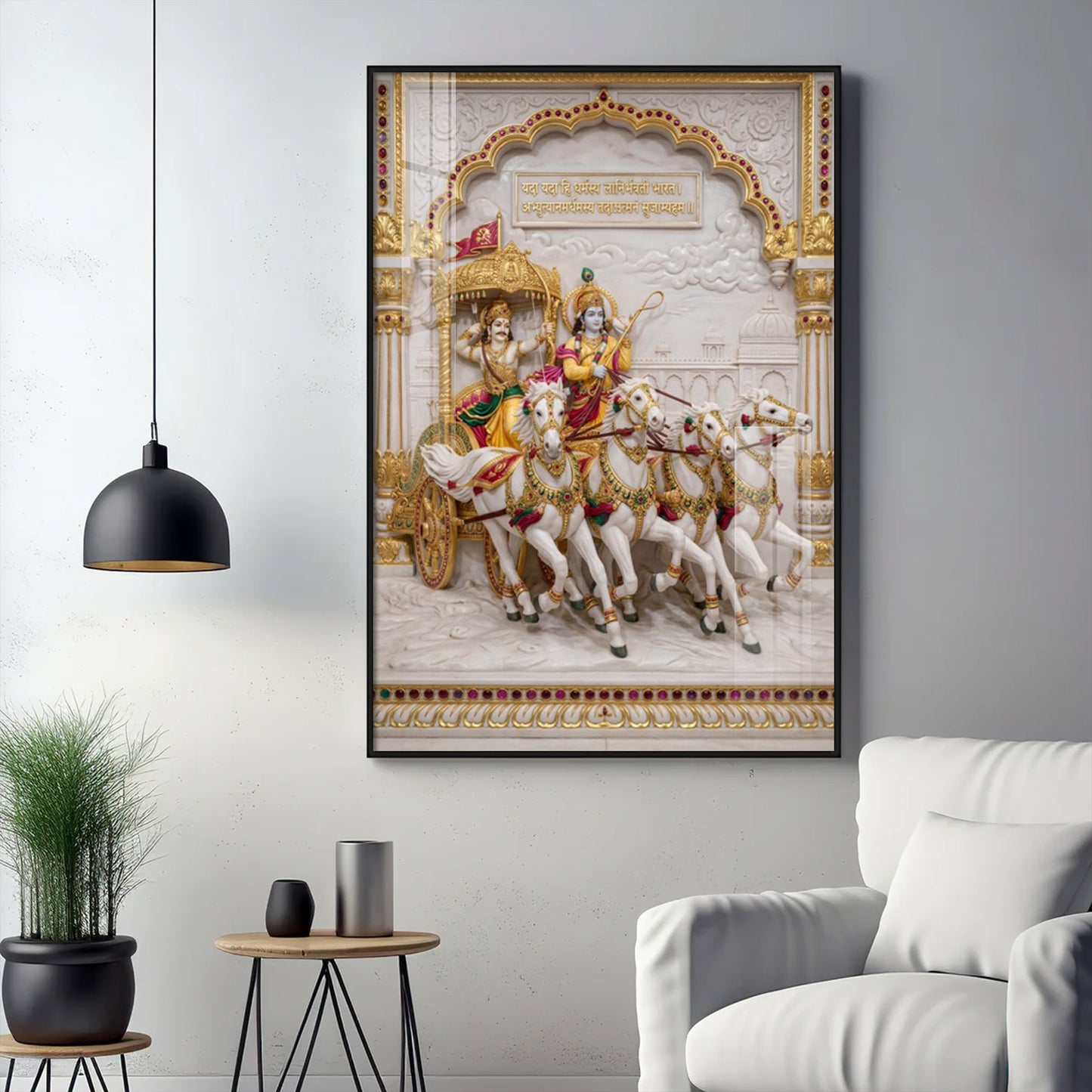 Krishna & Arjuna Chariot Glass Finish Vertical Wall Art