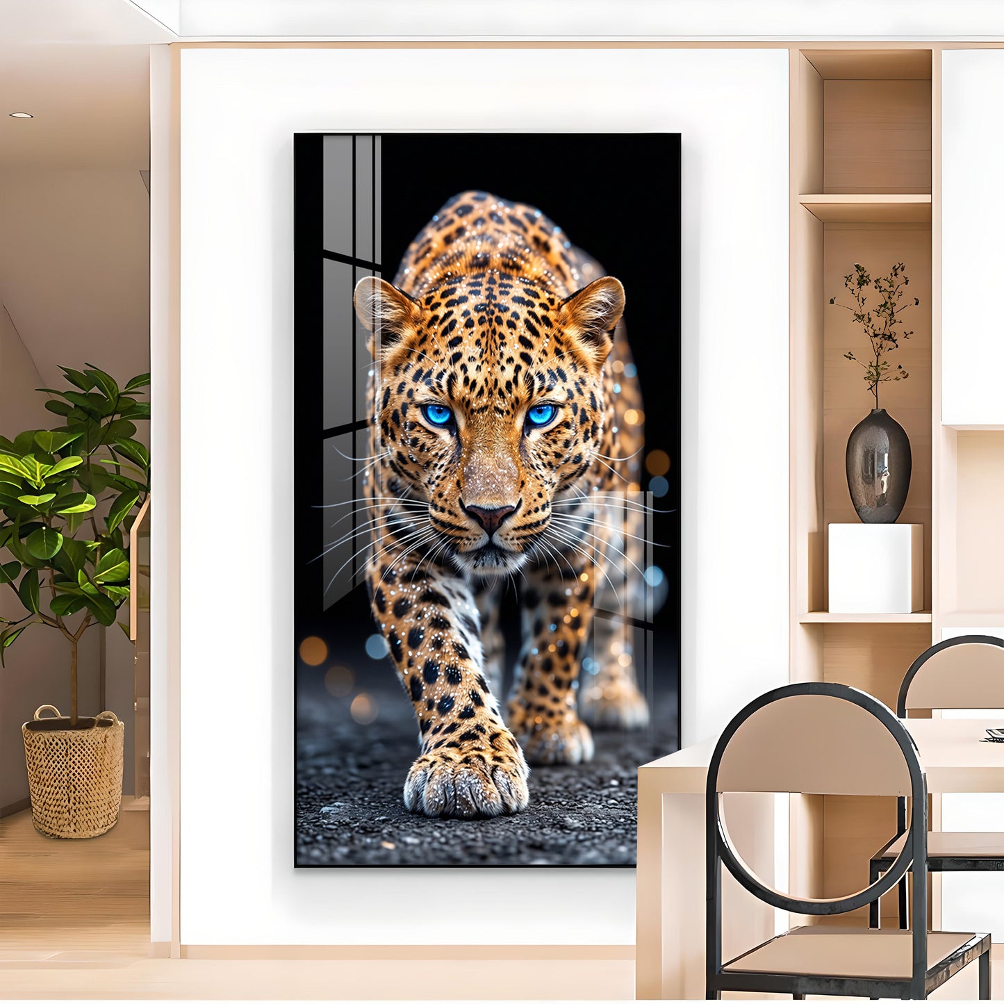 Wild Leopard With Blue Eyes Glass Finish Vertical Wall Art