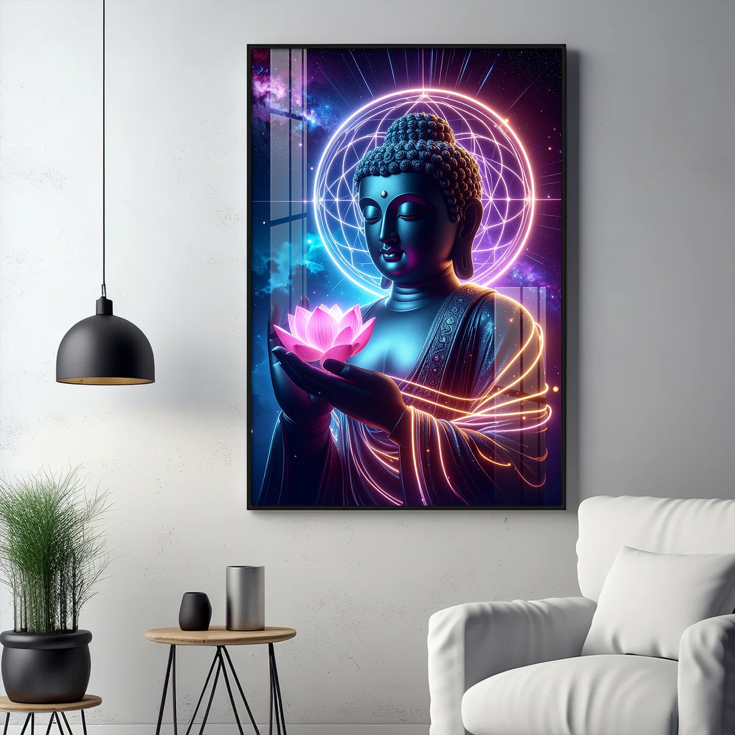 Divine Blessings Of Buddha Glass Finish Vertical Wall Art