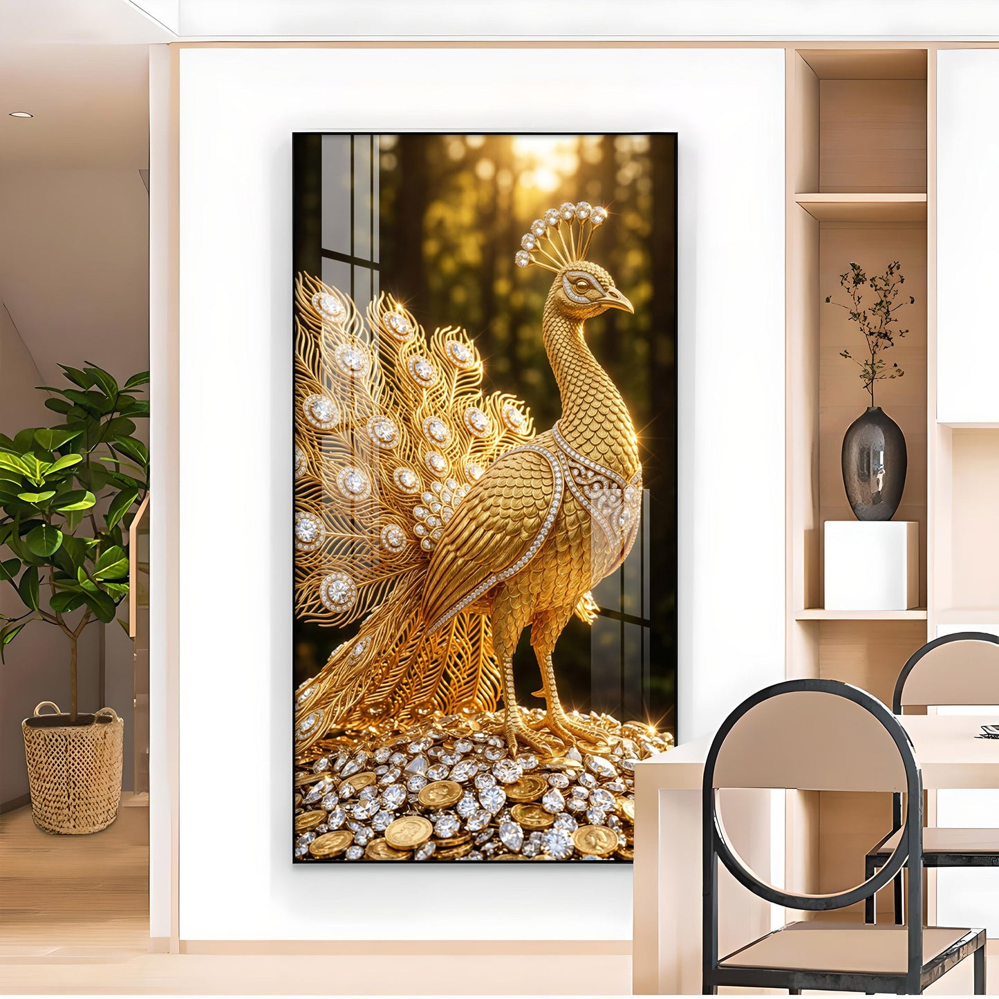Golden Peacock Glass Finish Vertical Wall Art