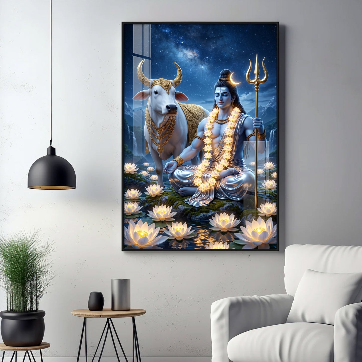 Lord Shiva Meditating Beside Nandi Glass Finish Vertical Wall Art