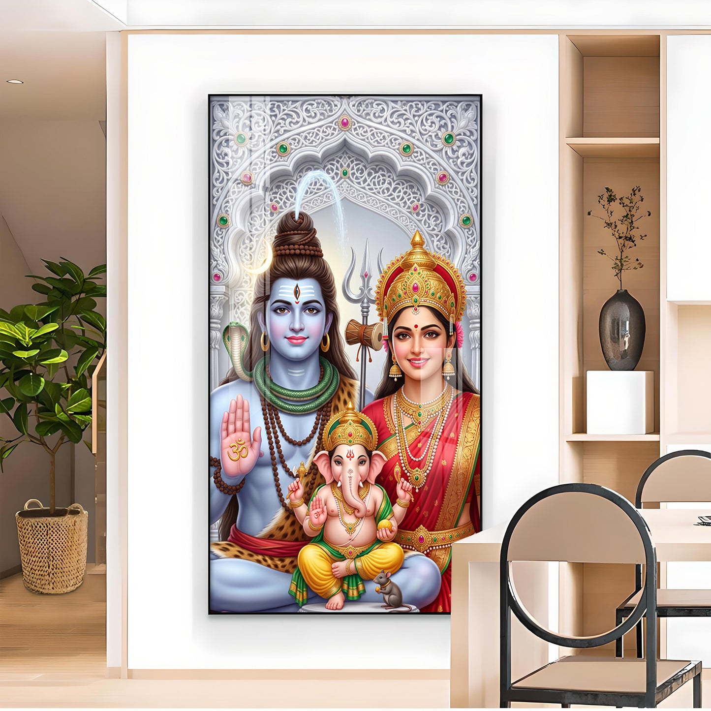 Hindu Deity Family Glass Finish Vertical Wall Art