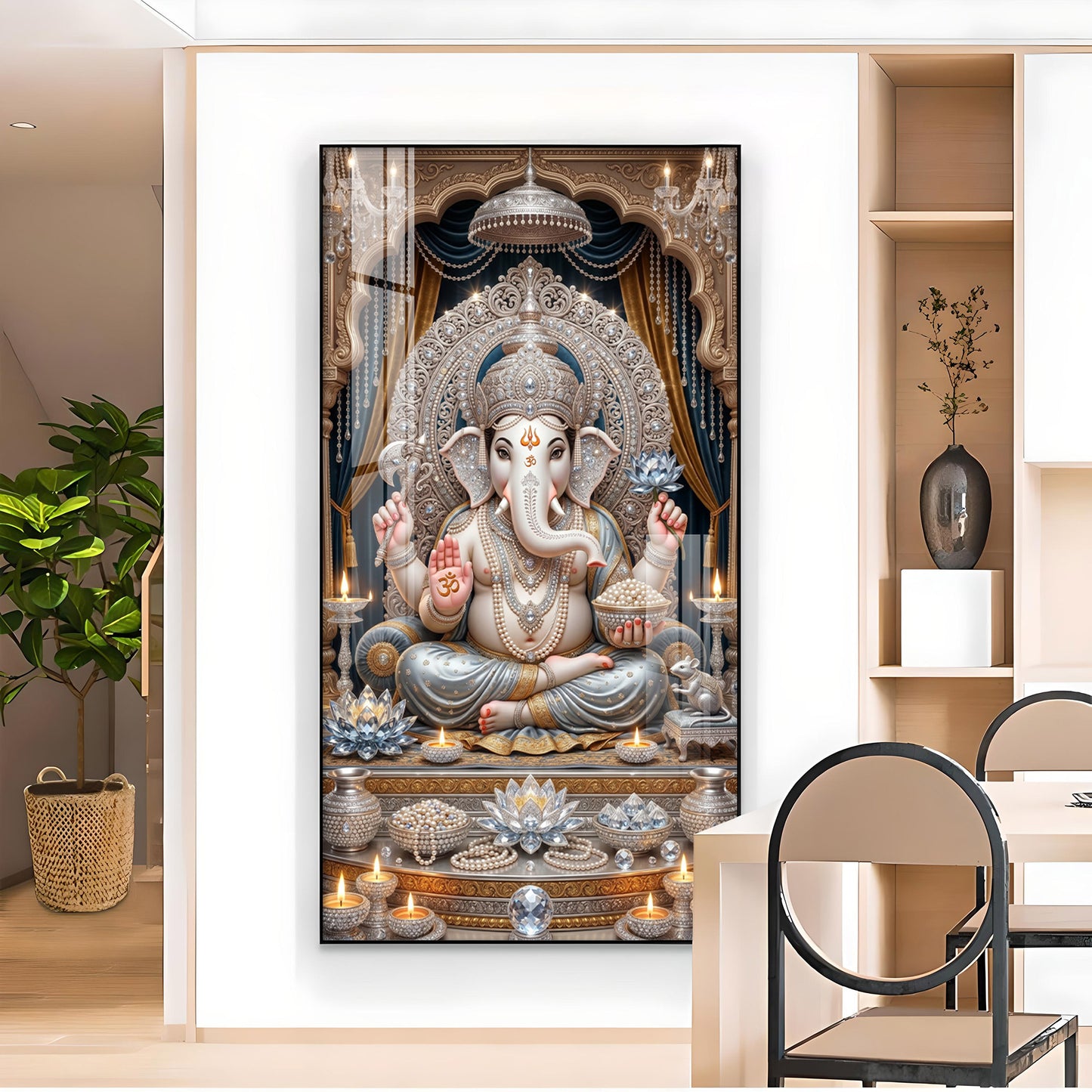Depicts Lord Ganesha Glass Finish Vertical Wall Art