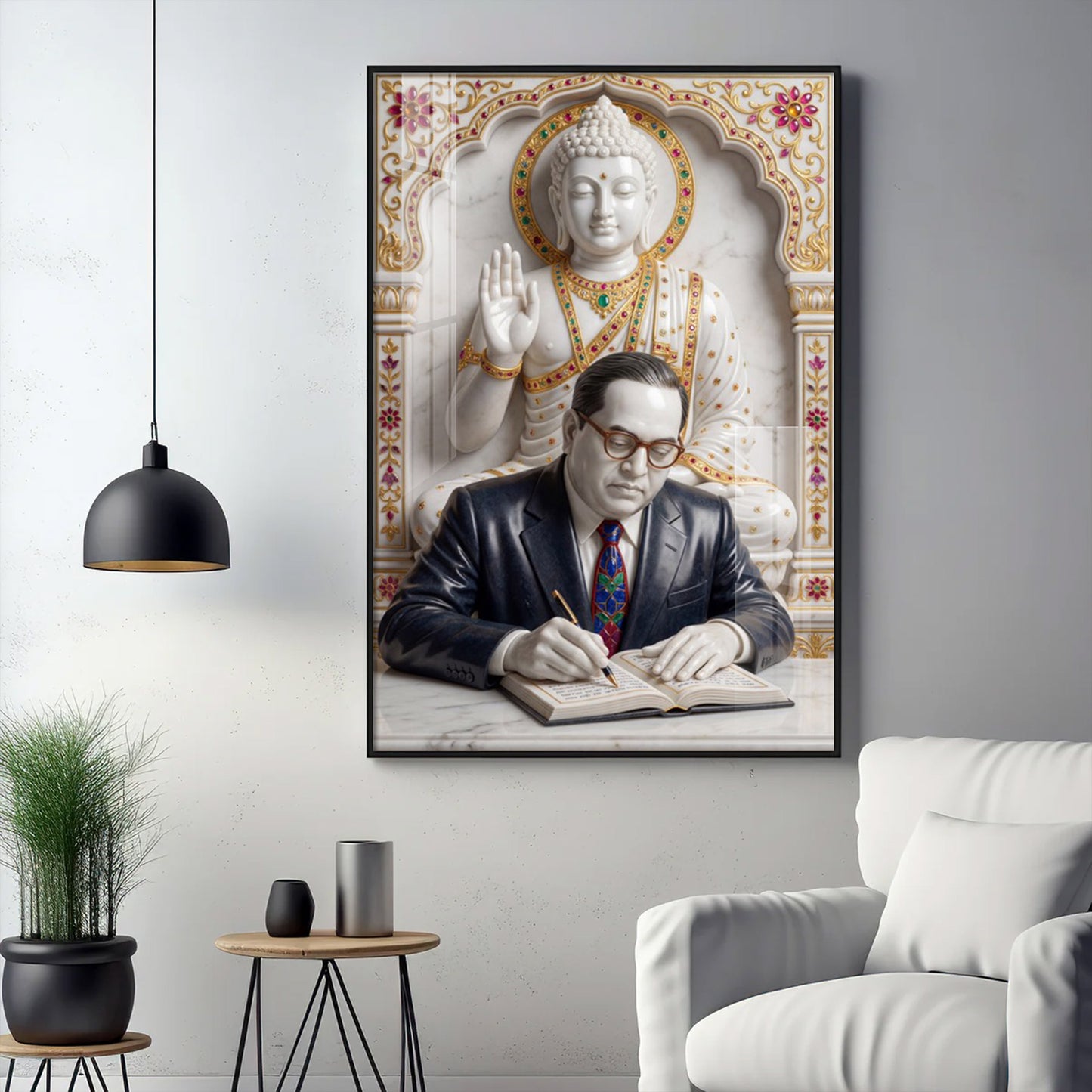 Dr. B.R. Ambedkar and Buddha Glass Finish Vertical Wall Art