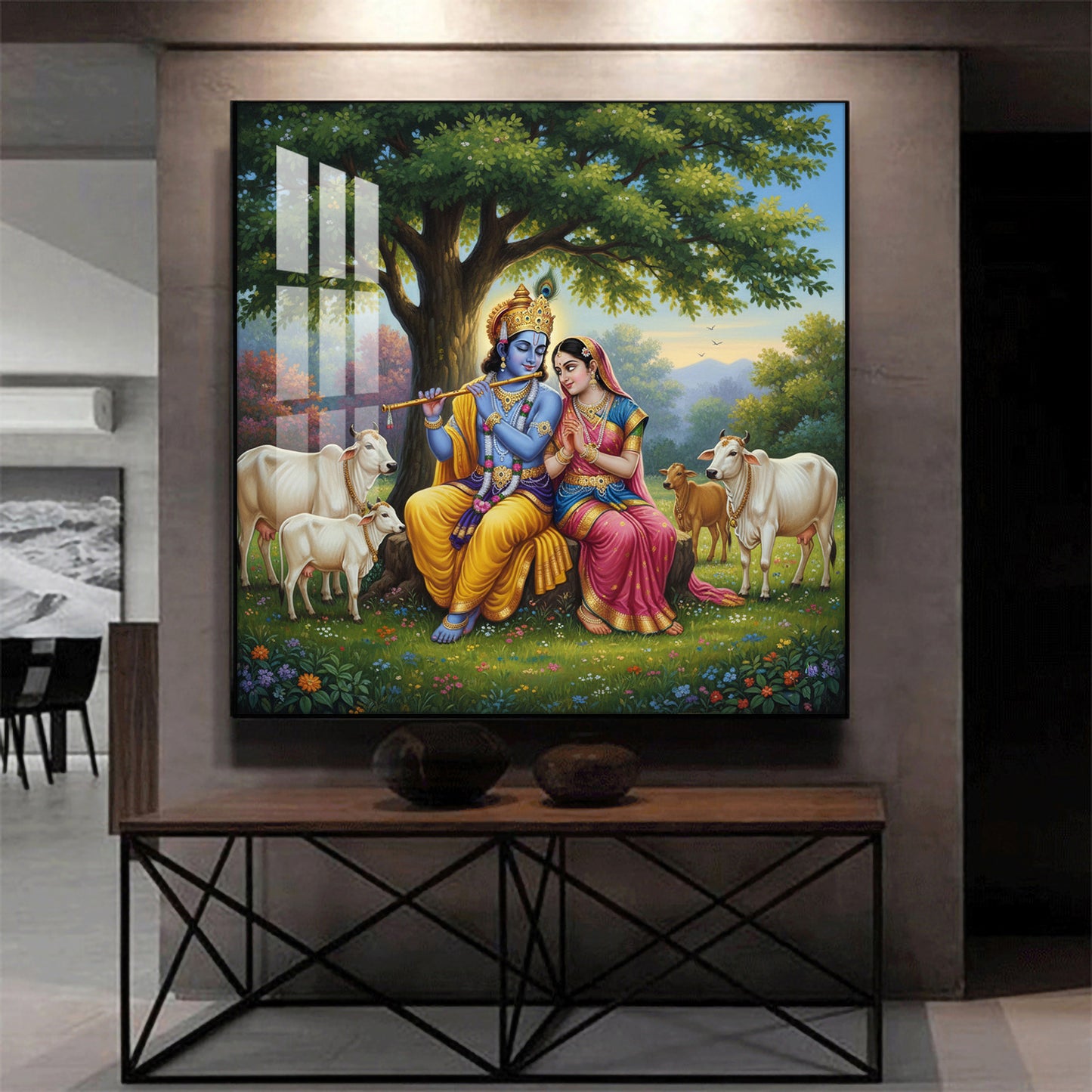 Radha Krishna With Cow Glass Finish Square Wall Art