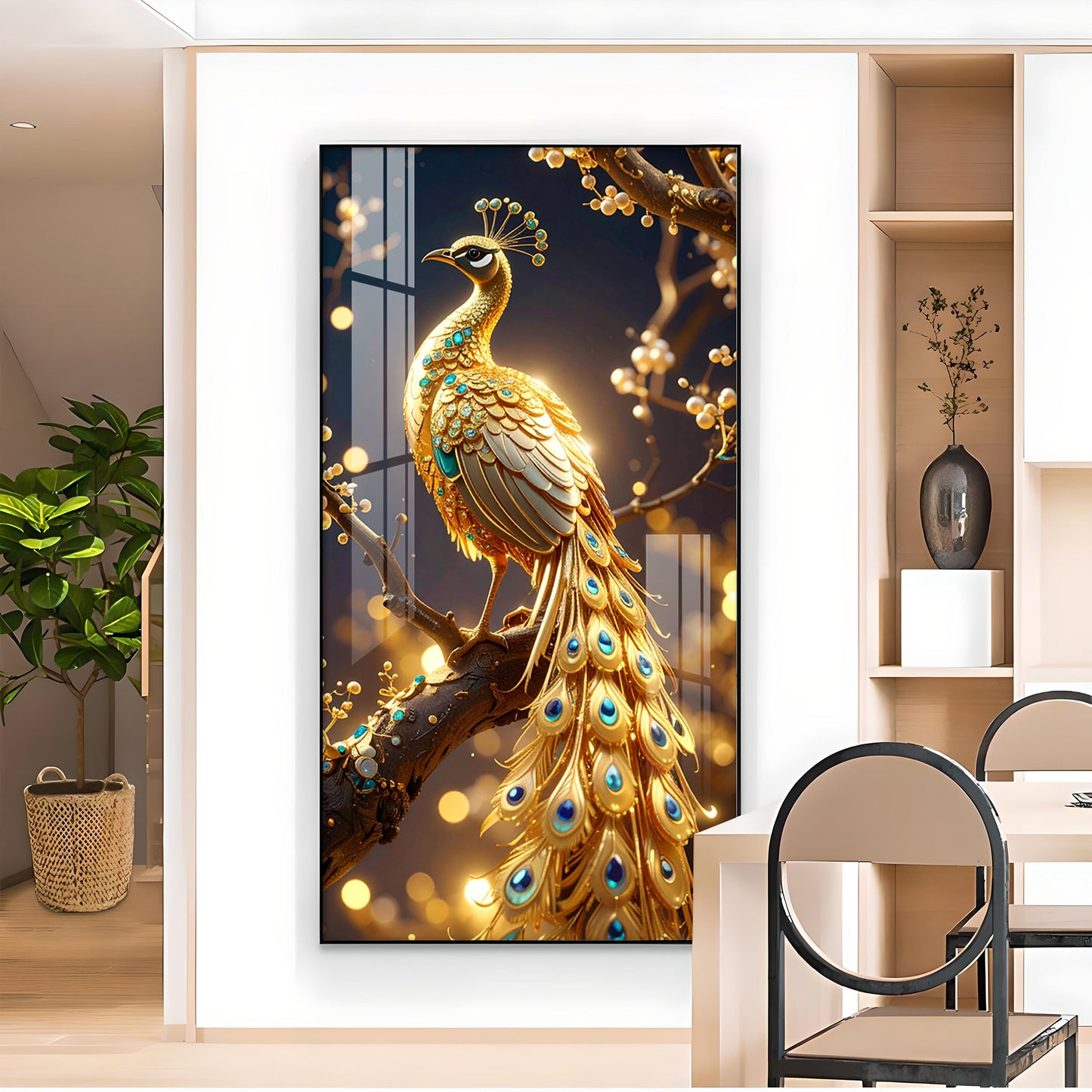 Celestial Golden Peacock Glass Finish Vertical Wall Art