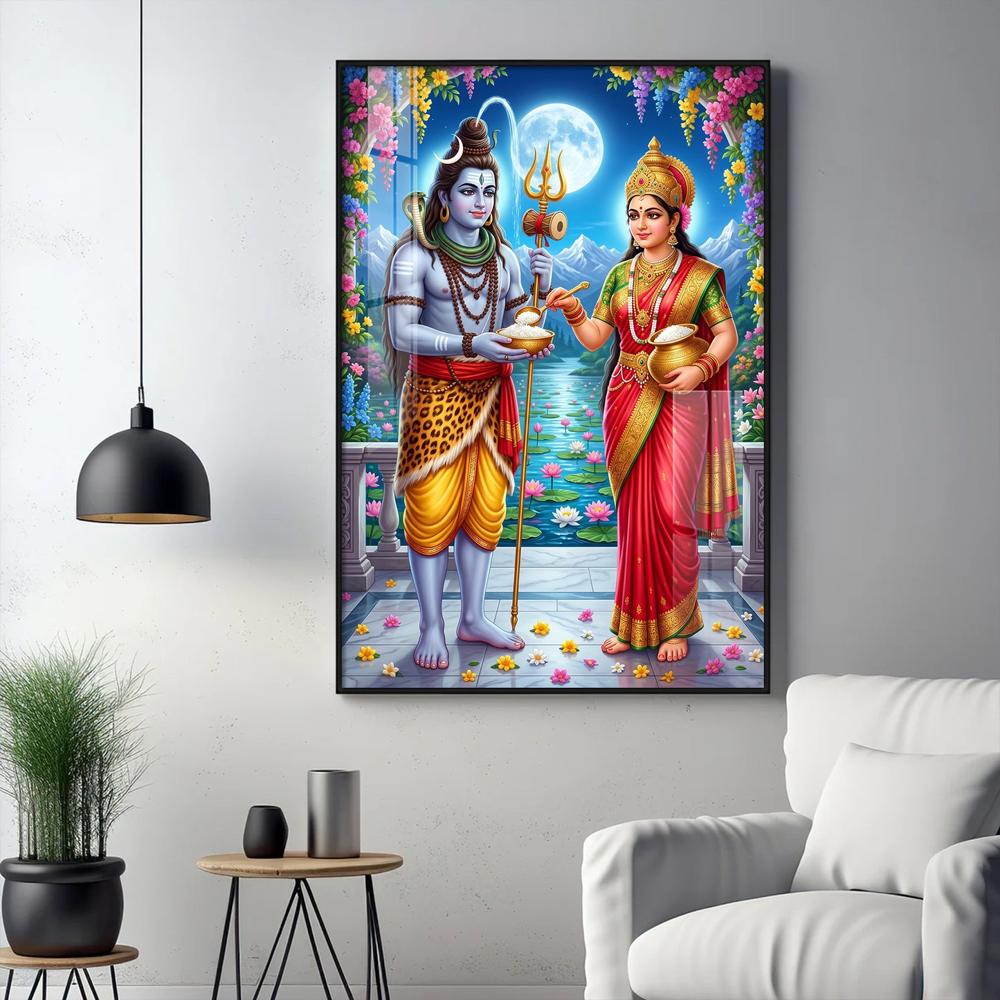 Annapurna Devi Offering Food To Lord Shiva Glass Finish Vertical Wall Art