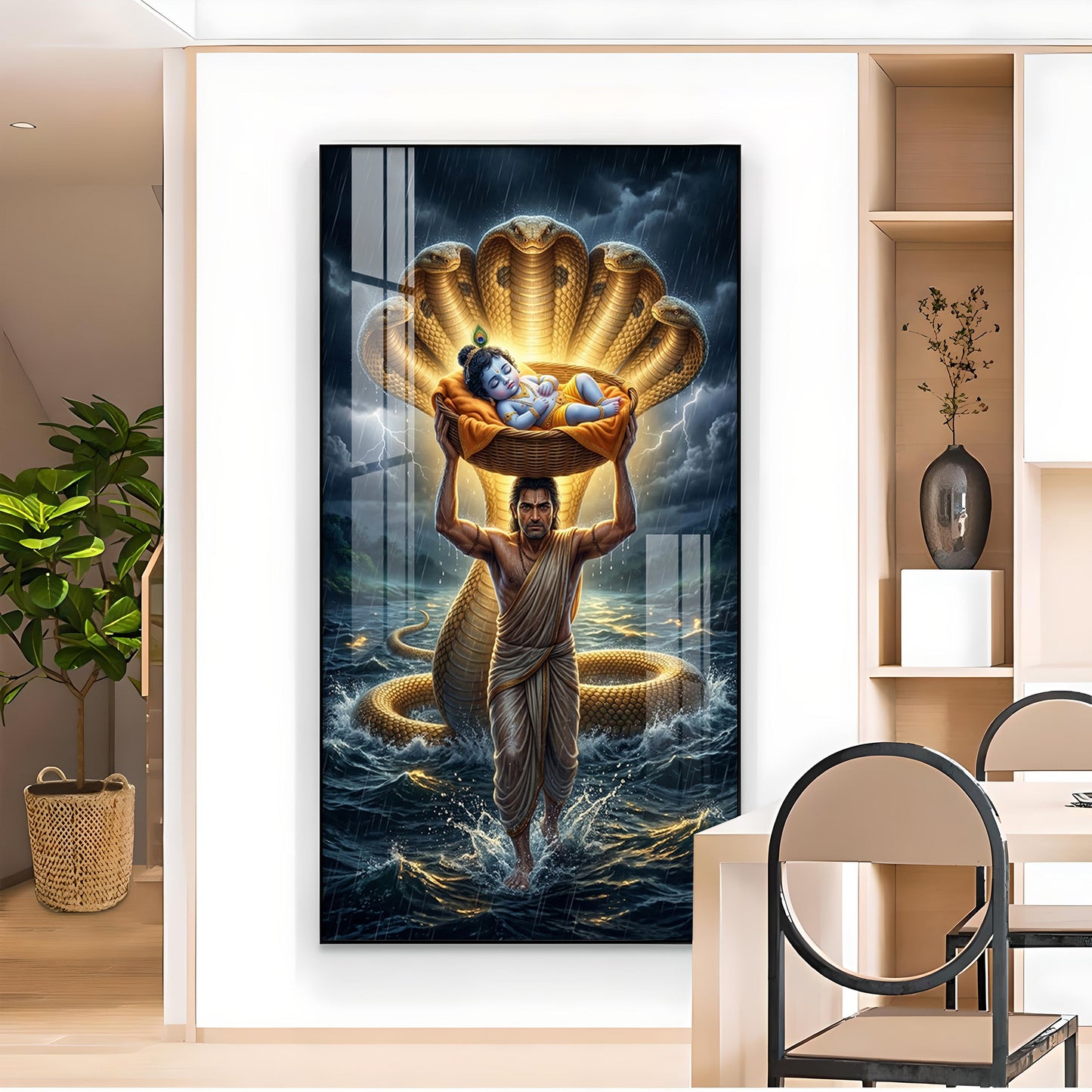 Lord Krishna with Vasudeva Glass Finish Vertical Wall Art