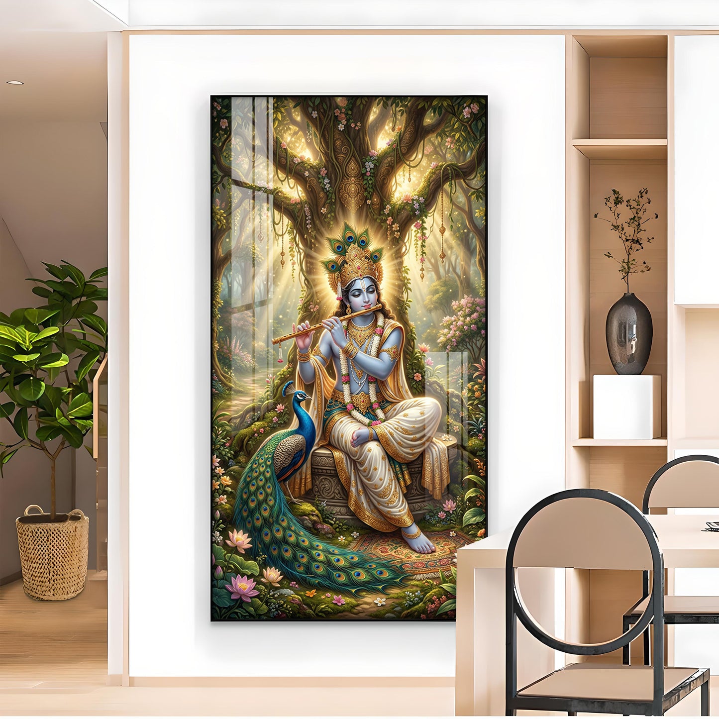 Divine Krishna Ji With Flute Glass Finish Vertical Wall Art
