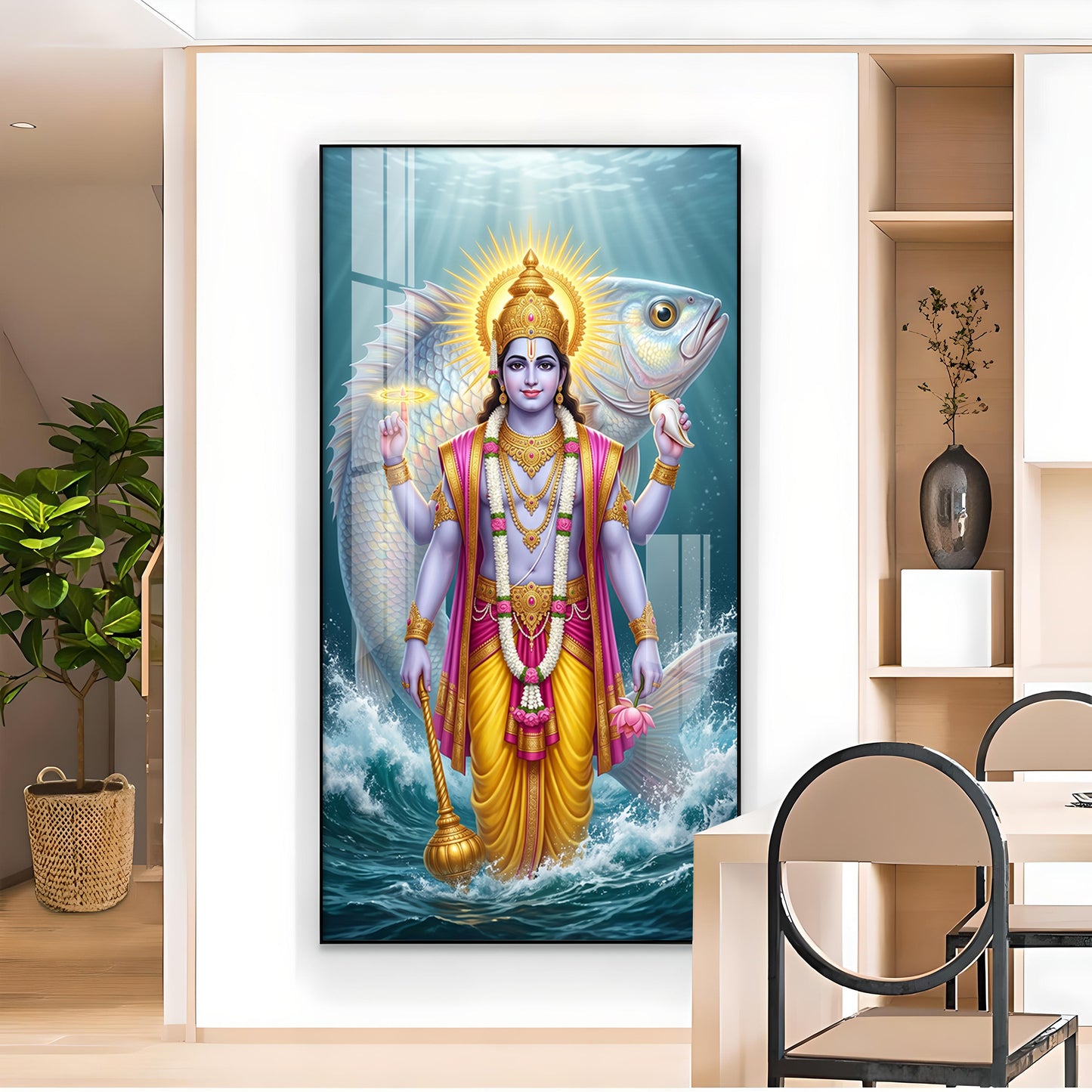 Lord Vishnu With Matsya Avatar Glass Finish Vertical Wall Art