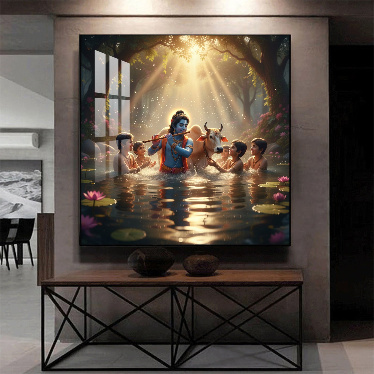 Little Krishna With Sakha Glass Finish Square Wall Art