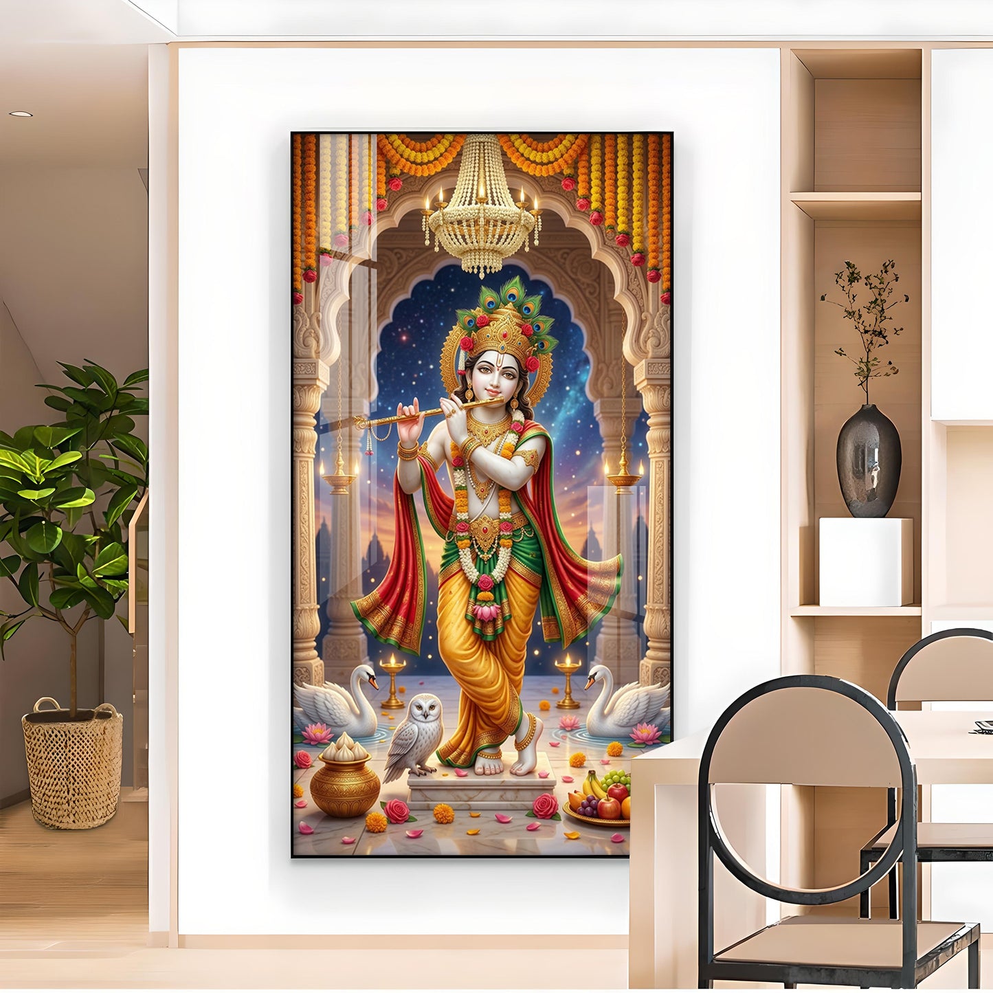 Divine Krishna With Flute Glass Finish Vertical Wall Art