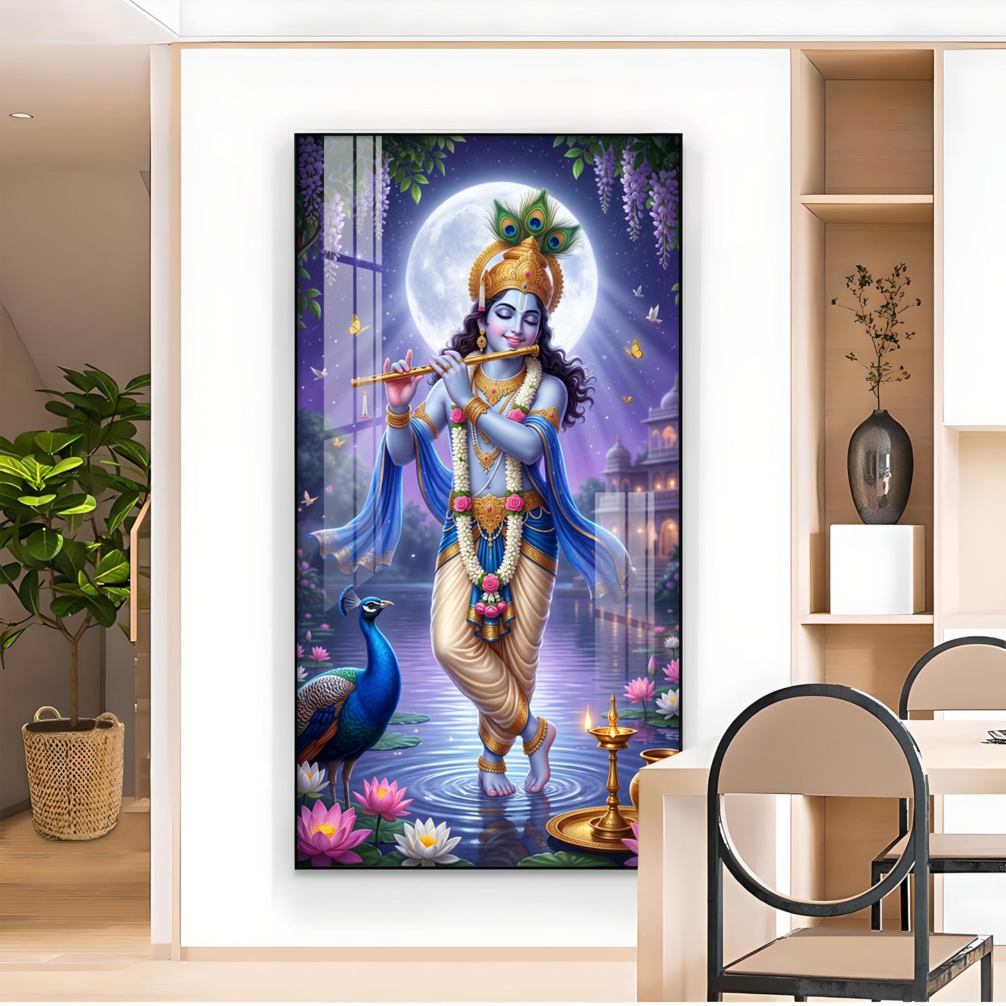 Depicting Lord Krishna Glass Finish Vertical Wall Art
