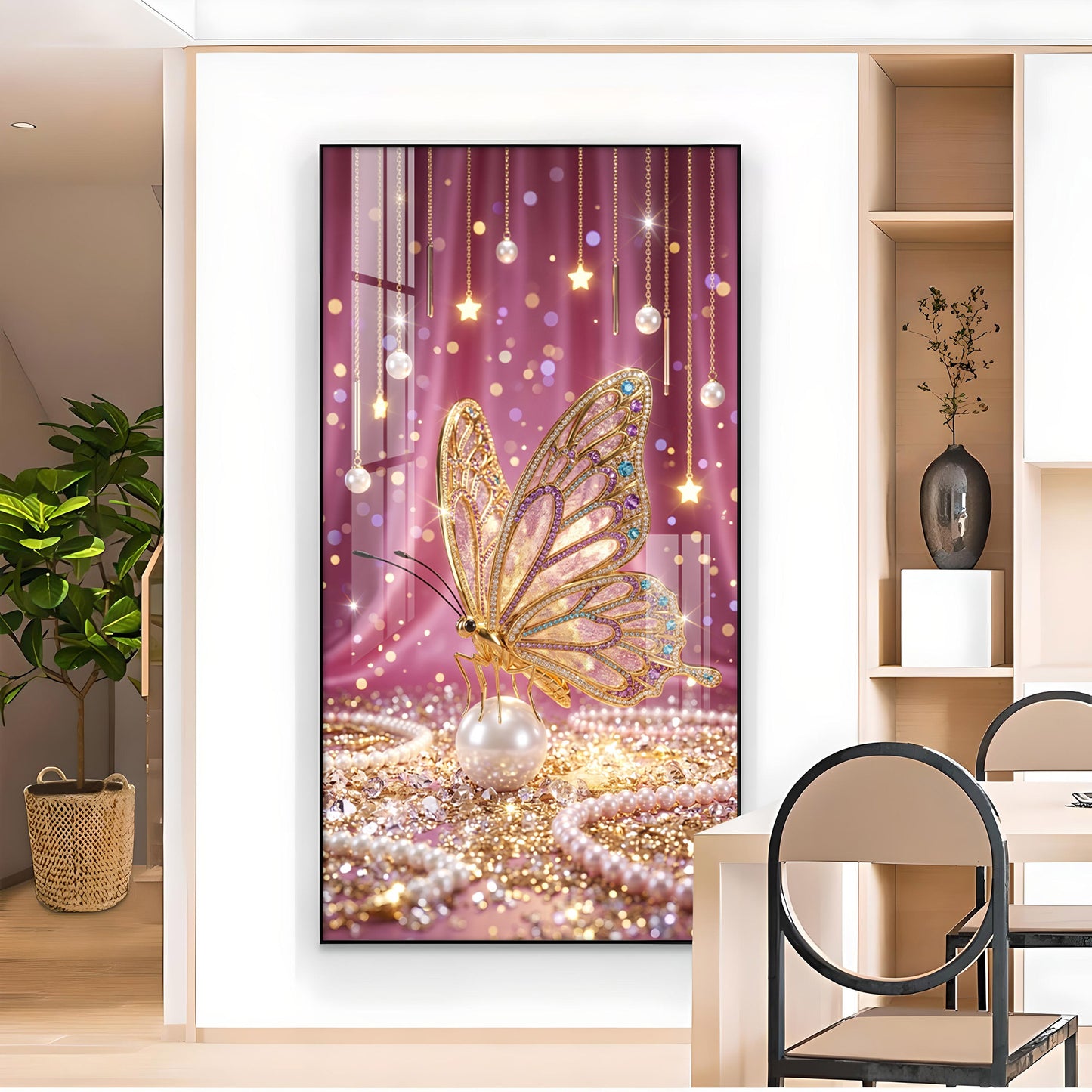 Elegant Pink Butterfly Glass Finish Vertical Wall Art