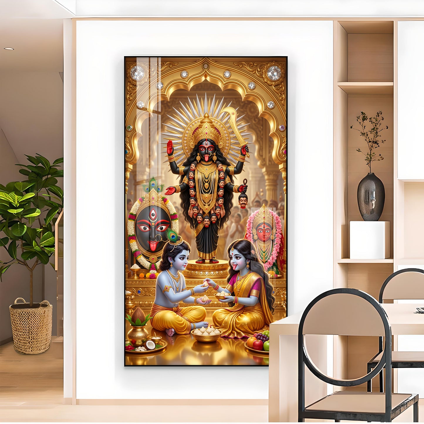 Maa Kali, Lord Krishna & Radha Glass Finish Vertical Wall Art
