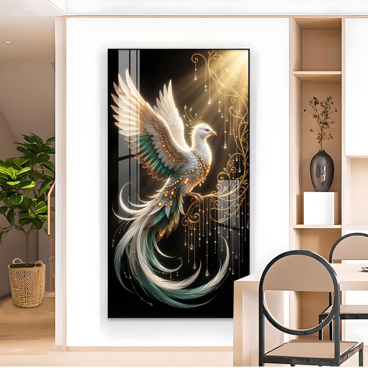 White Phoenix Glass Finish Vertical Wall Art