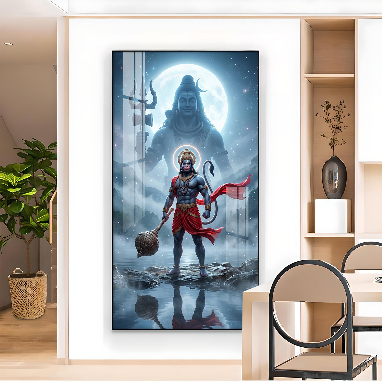 Hanuman Ji and Shiva Ji Glass Finish Vertical Wall Art