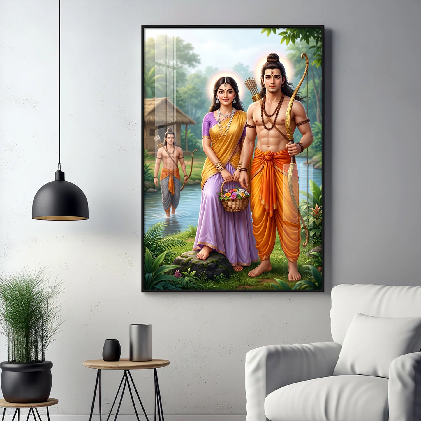 Lord Ram Siya With Lakshman Glass Finish Vertical Wall Art