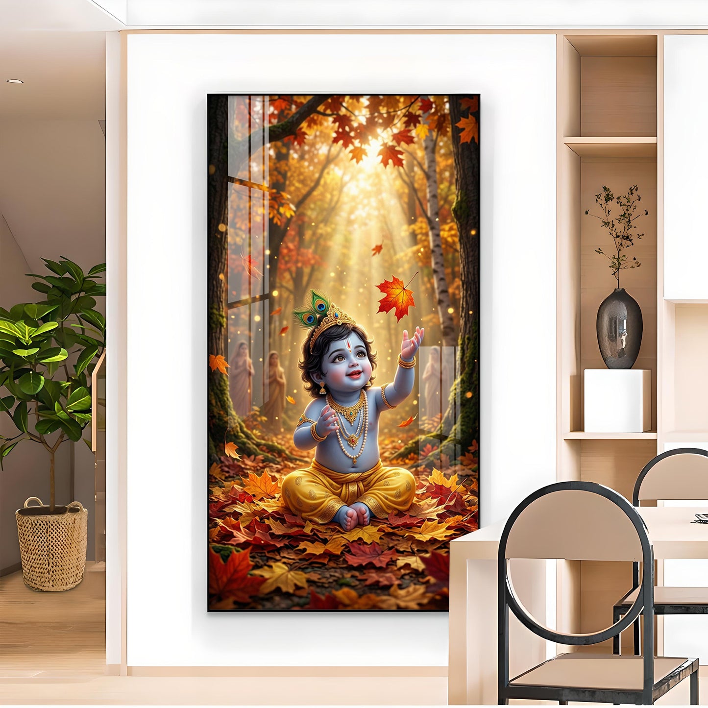 Lord Kanha In Forest Glass Finish Vertical Wall Art