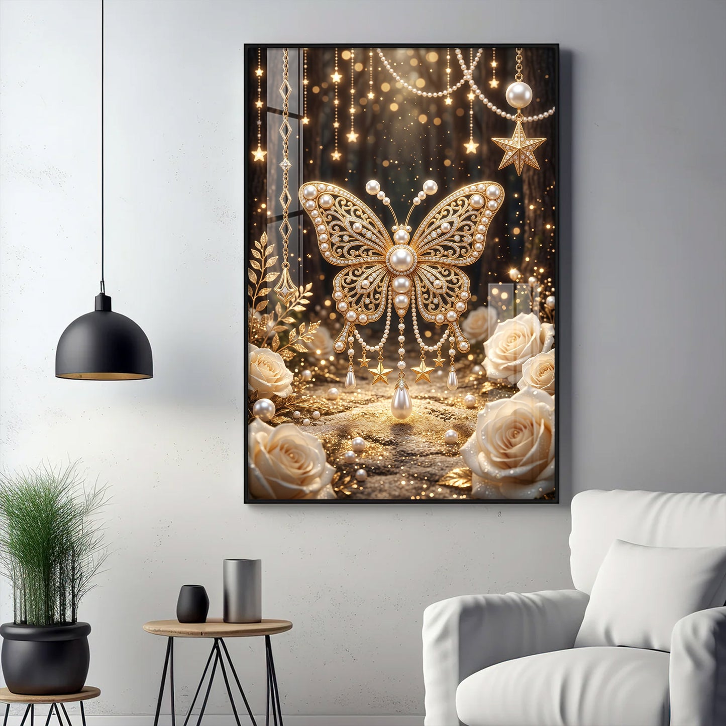 Golden Butterfly Embellished With Pearls Glass Finish Vertical Wall Art