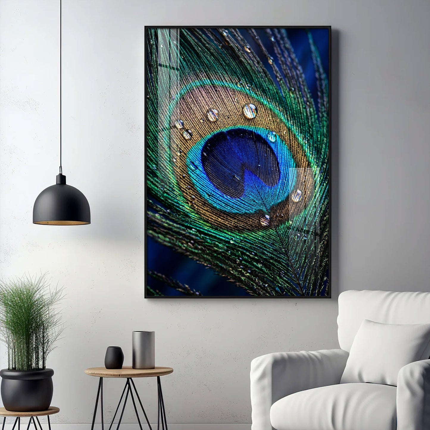 Peacock Feather With Water Drops Glass Finish Vertical Wall Art