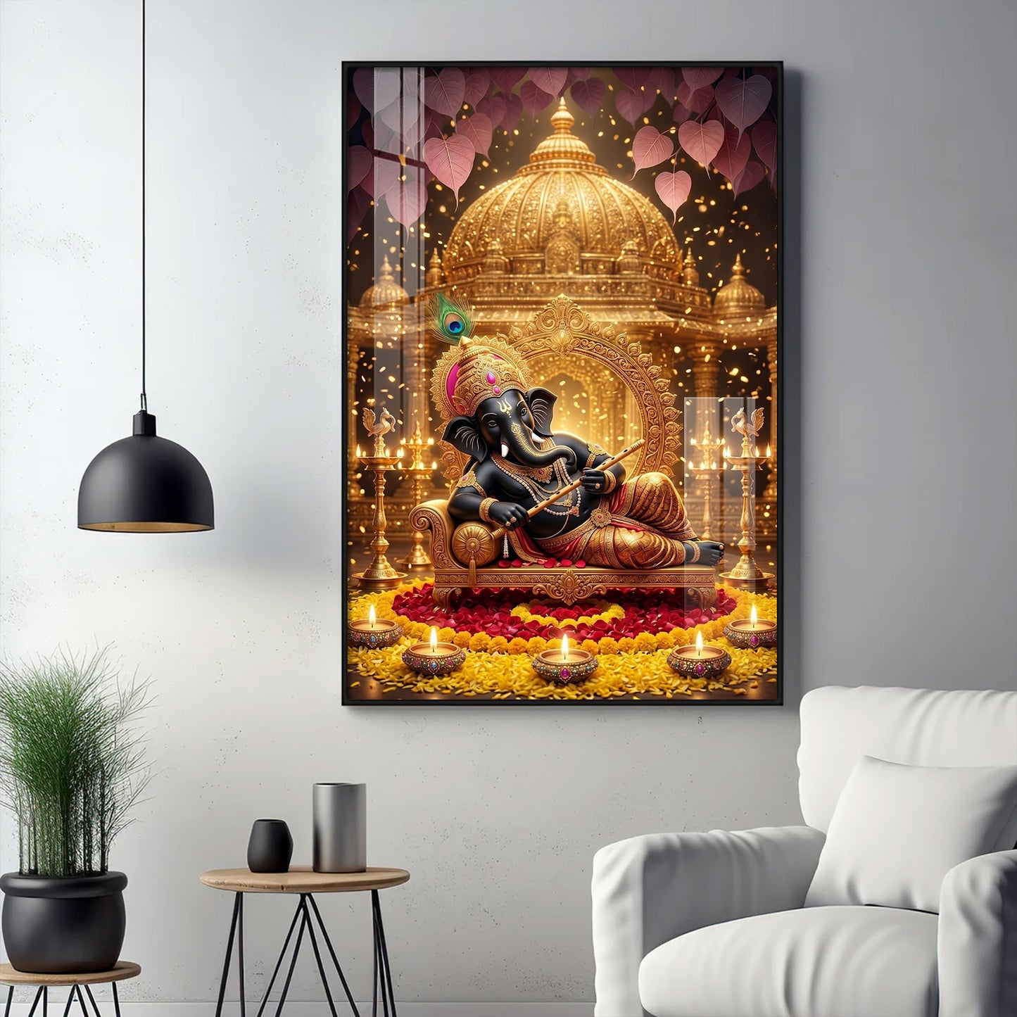 Lord Ganesha Holding A Flute Glass Finish Vertical Wall Art