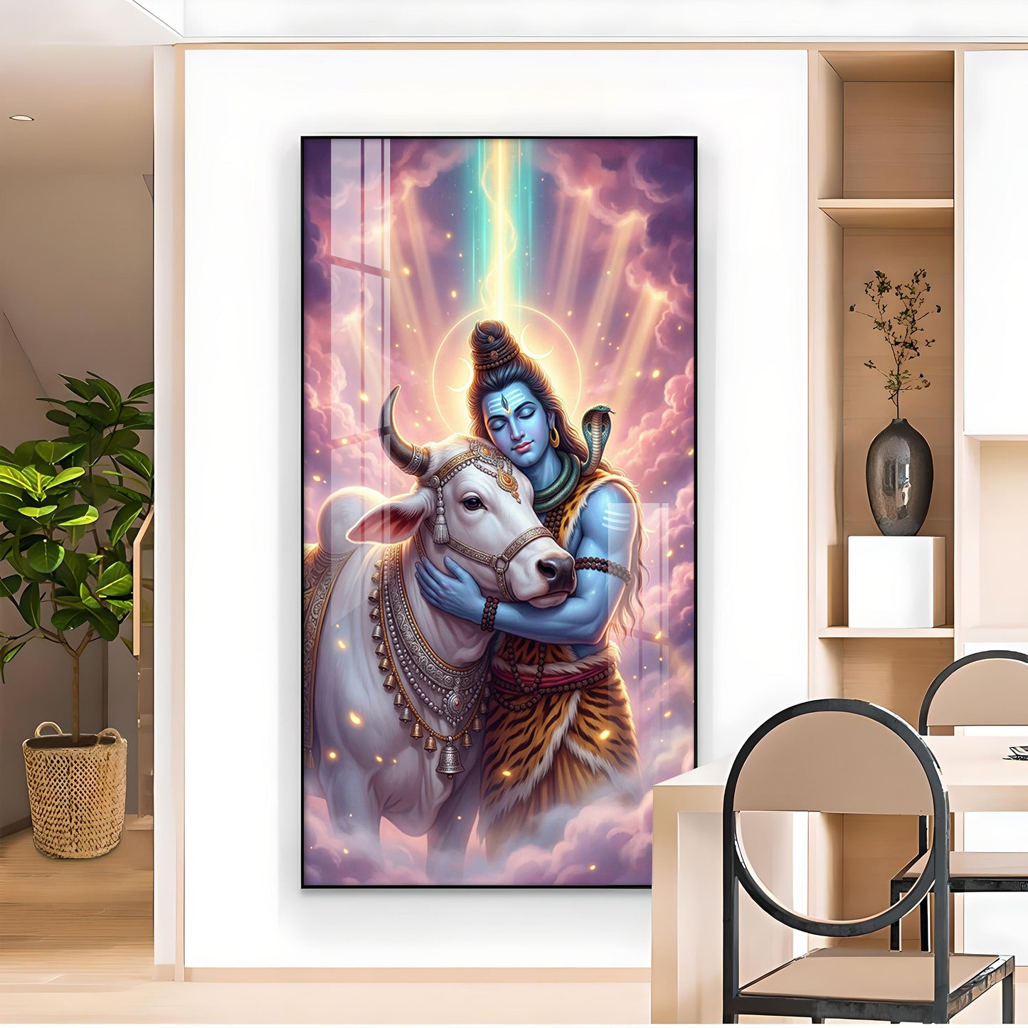 Lord Shiva and Nandi Glass Finish Vertical Wall Art