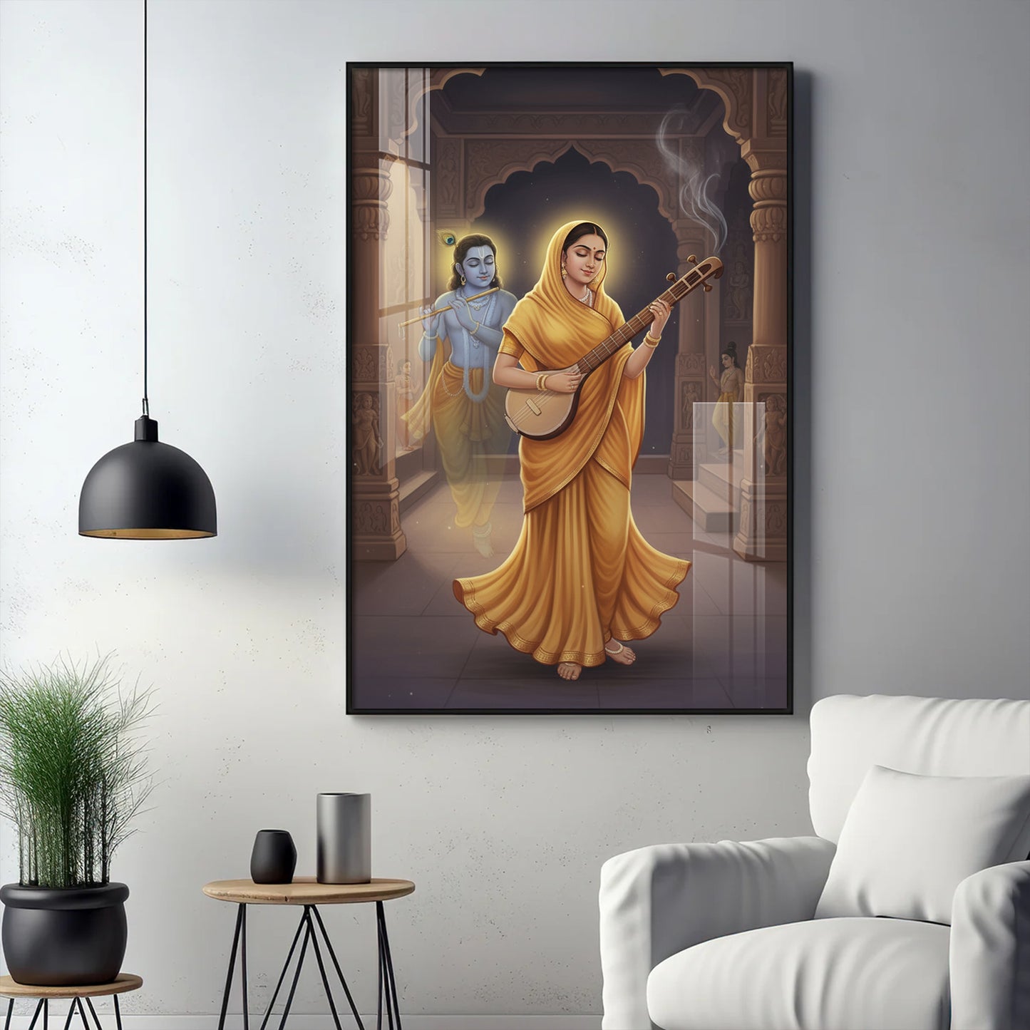 Meera Bai and Krishna Glass Finish Vertical Wall Art