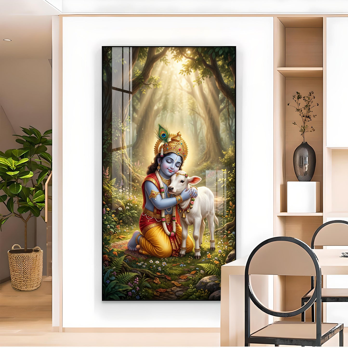 Bal Krishna With Calf Glass Finish Vertical Wall Art