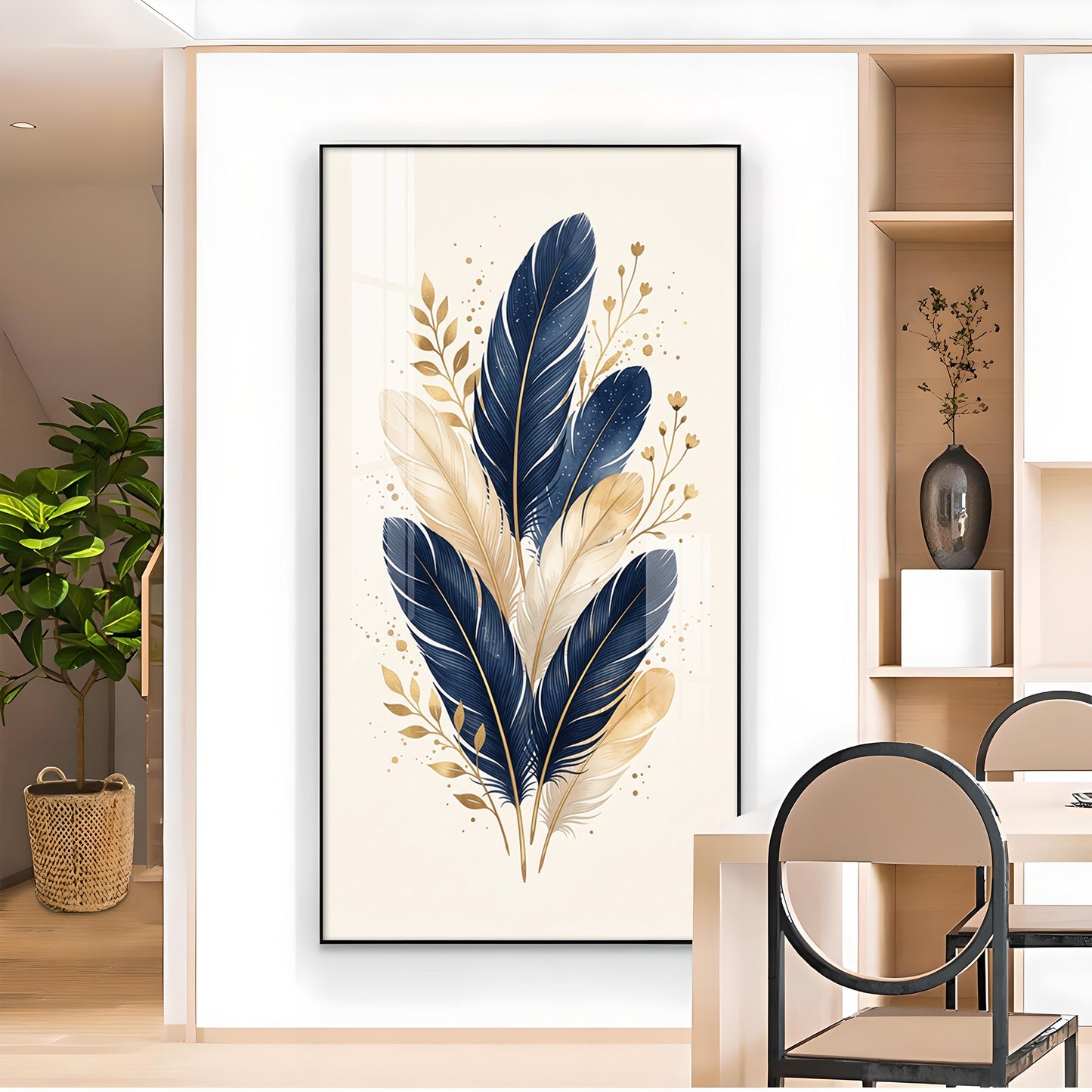 Blue & Metallic Gold Feathers Glass Finish Vertical Wall Art