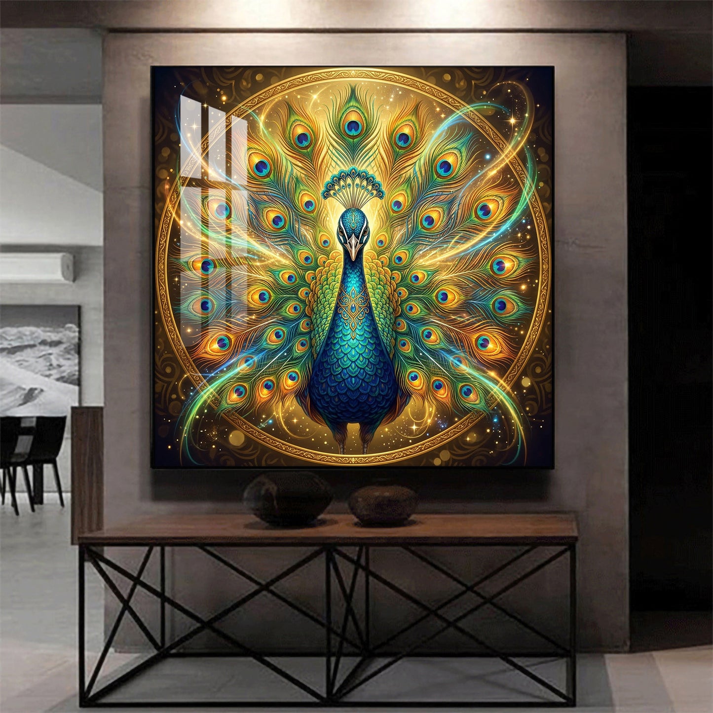 Style Peacock Glass Finish Square Wall Art