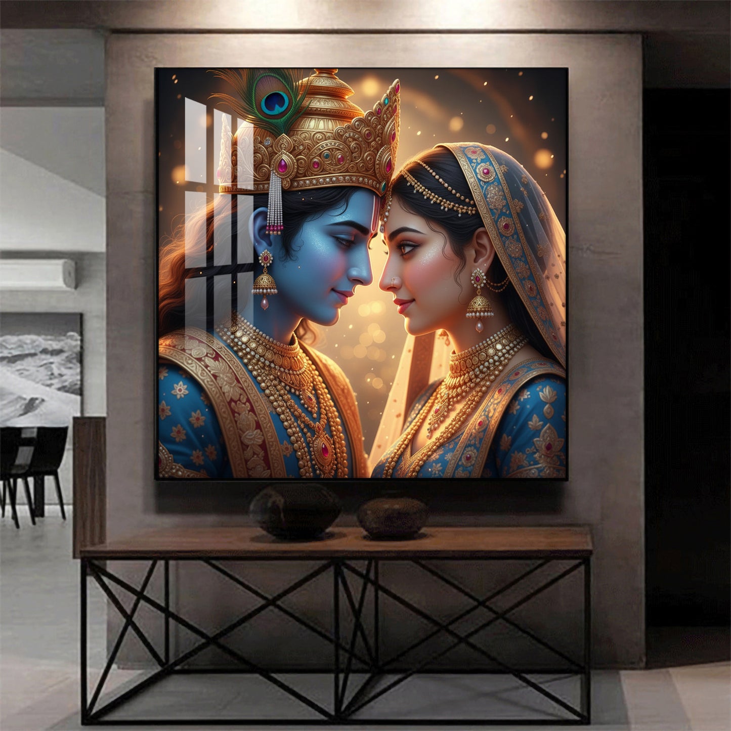 Divine Lord Radha and Krishna Glass Finish Square Wall Art
