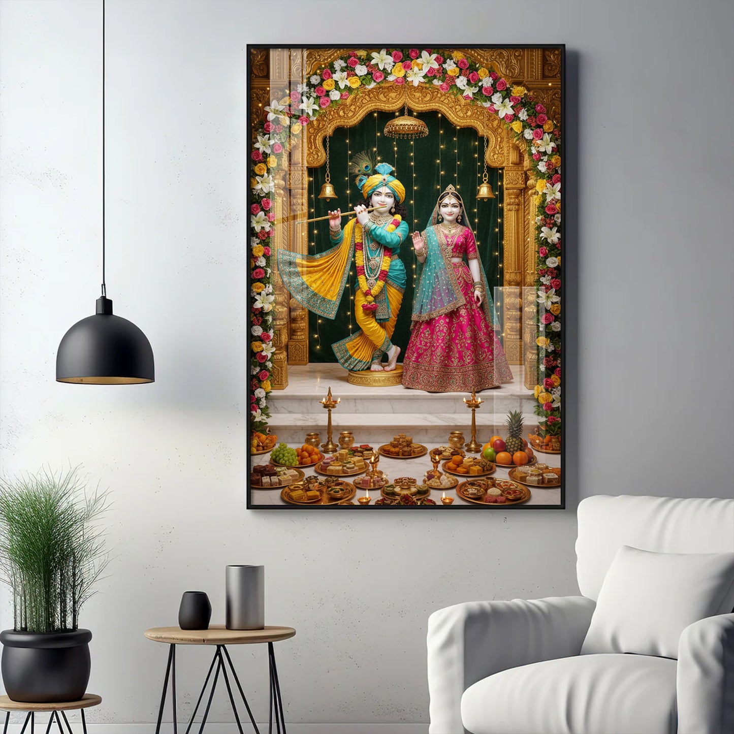 Lord Krishna and Radha Glass Finish Vertical Wall Art