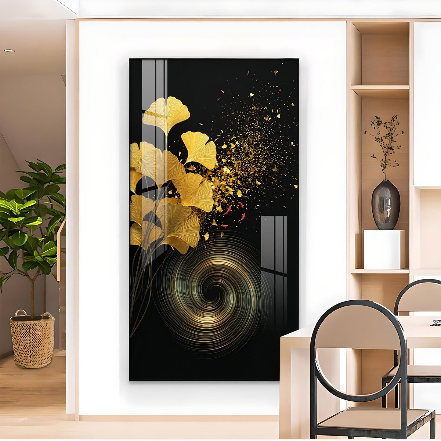 Gold Ginkgo Leaves Glass Finish Vertical Wall Art