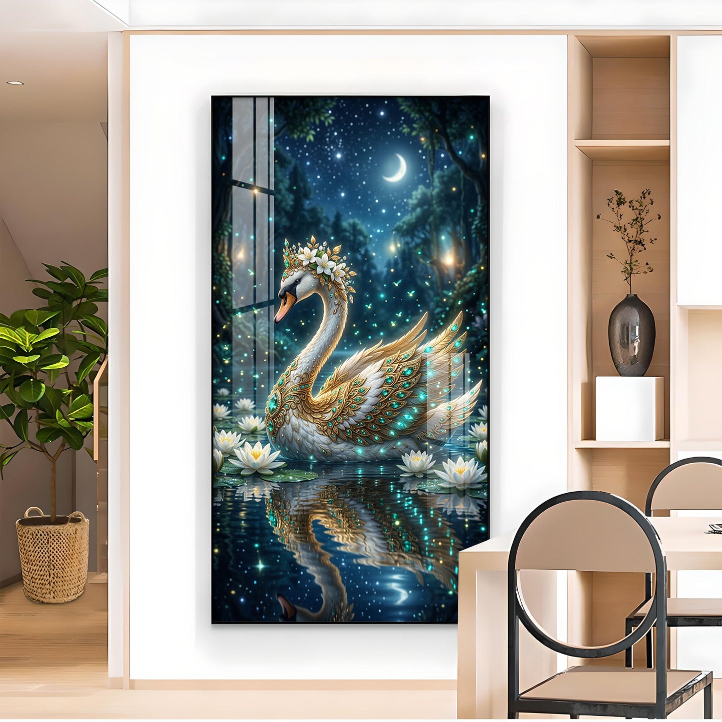 Calm Night Magical Swan Glass Finish Vertical Wall Art