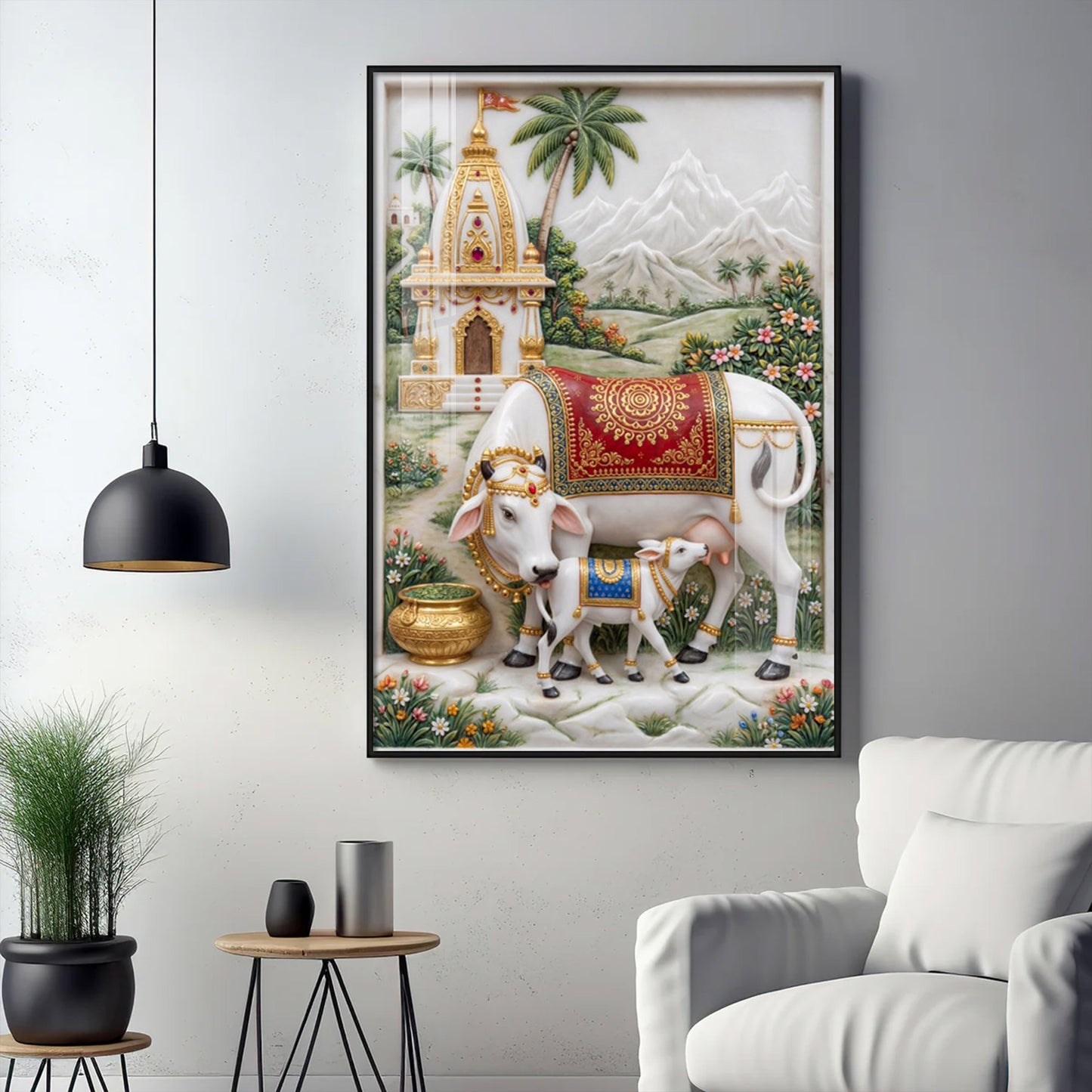 Kamdhenu Cow and Calf Glass Finish Vertical Wall Art