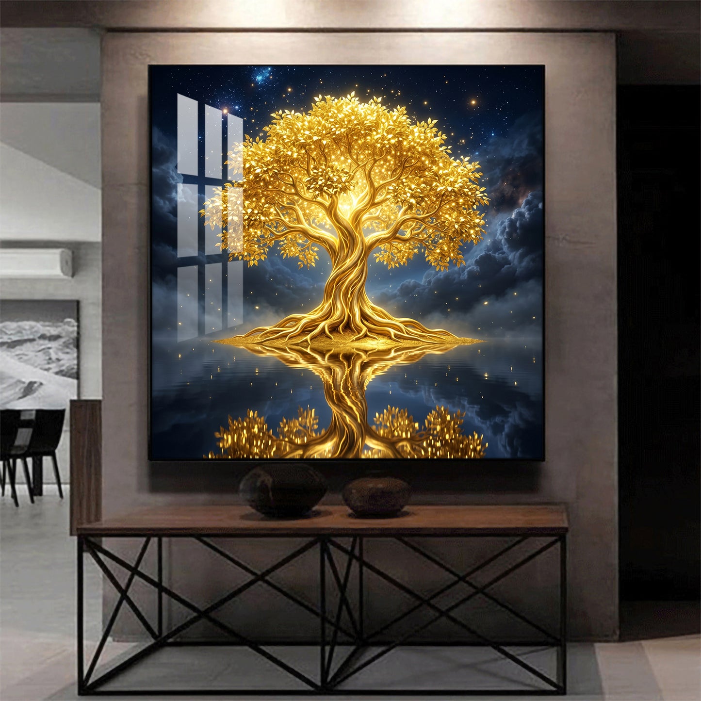 Divine Tree Kalpavriksha Glass Finish Square Wall Art
