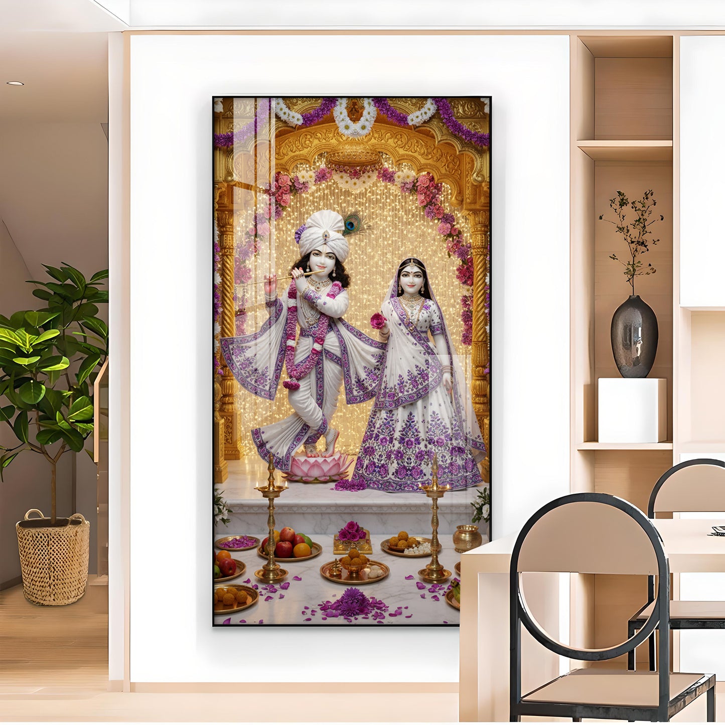 Depicting Radha & Krishna Glass Finish Vertical Wall Art