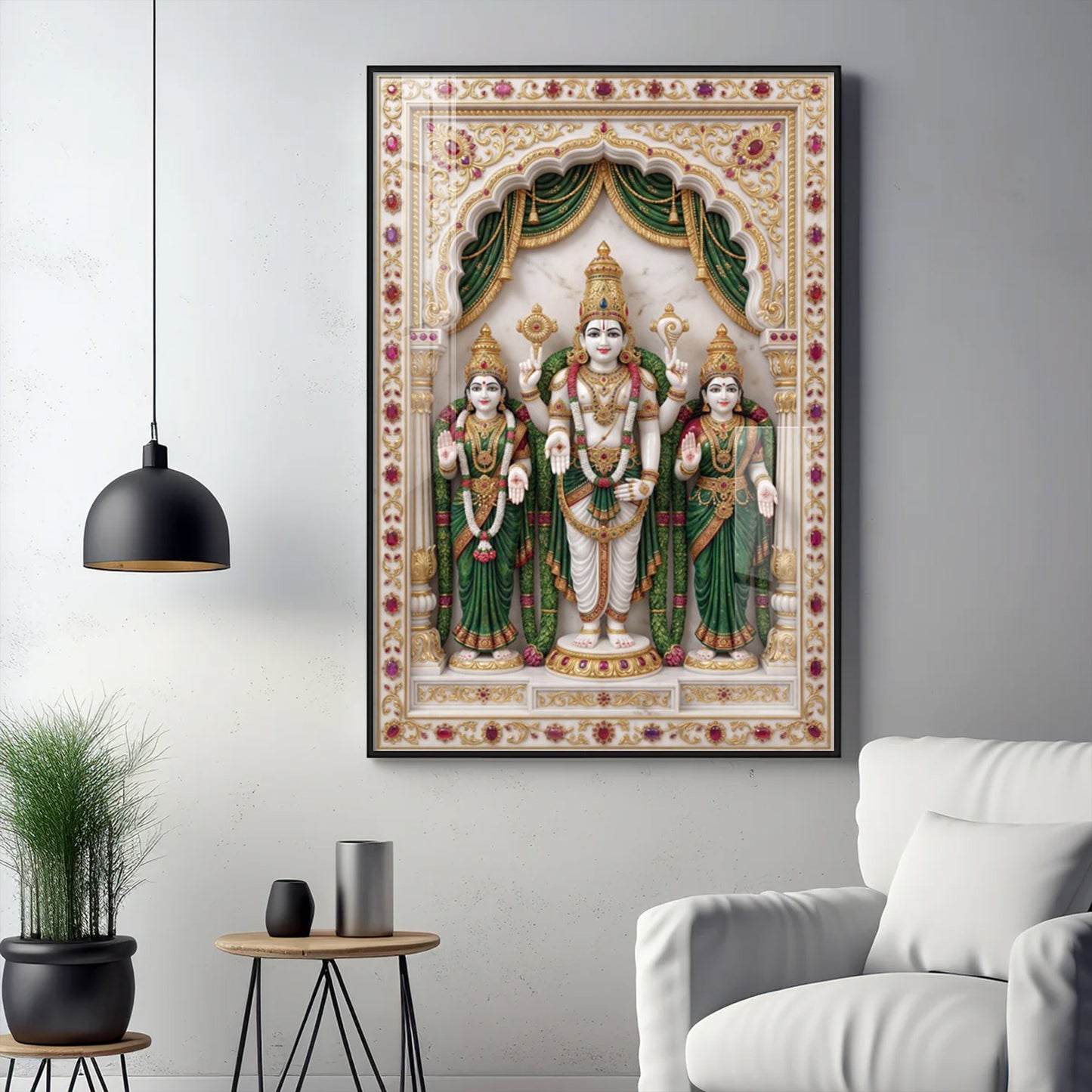 Lord Murugan with Valli and Devasena Glass Finish Vertical Wall Art