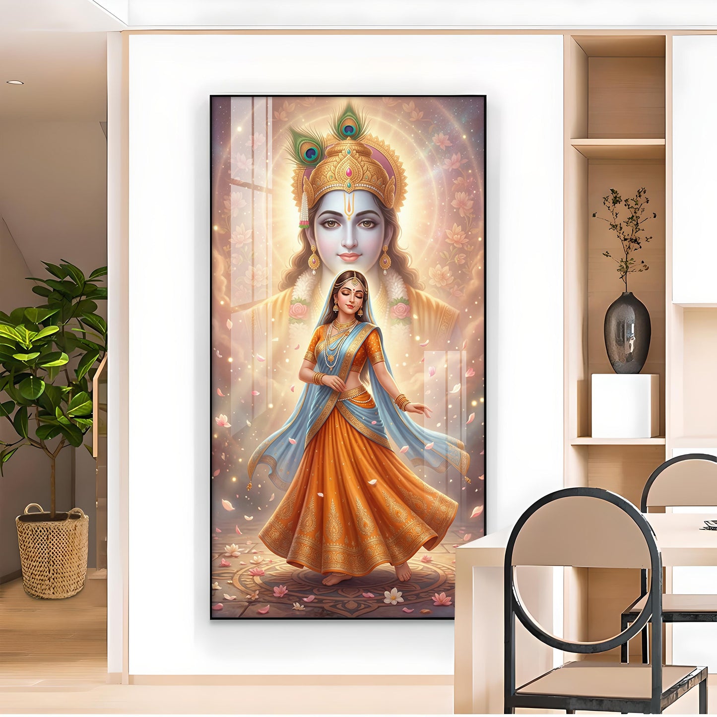 Radha With Shri Krishna Glass Finish Vertical Wall Art