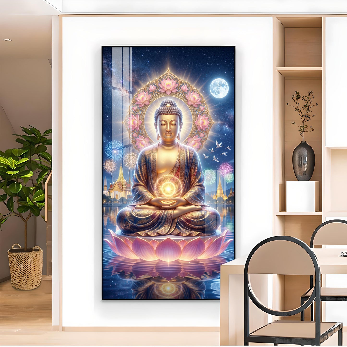 Namo Buddhay Glass Finish Vertical Wall Art