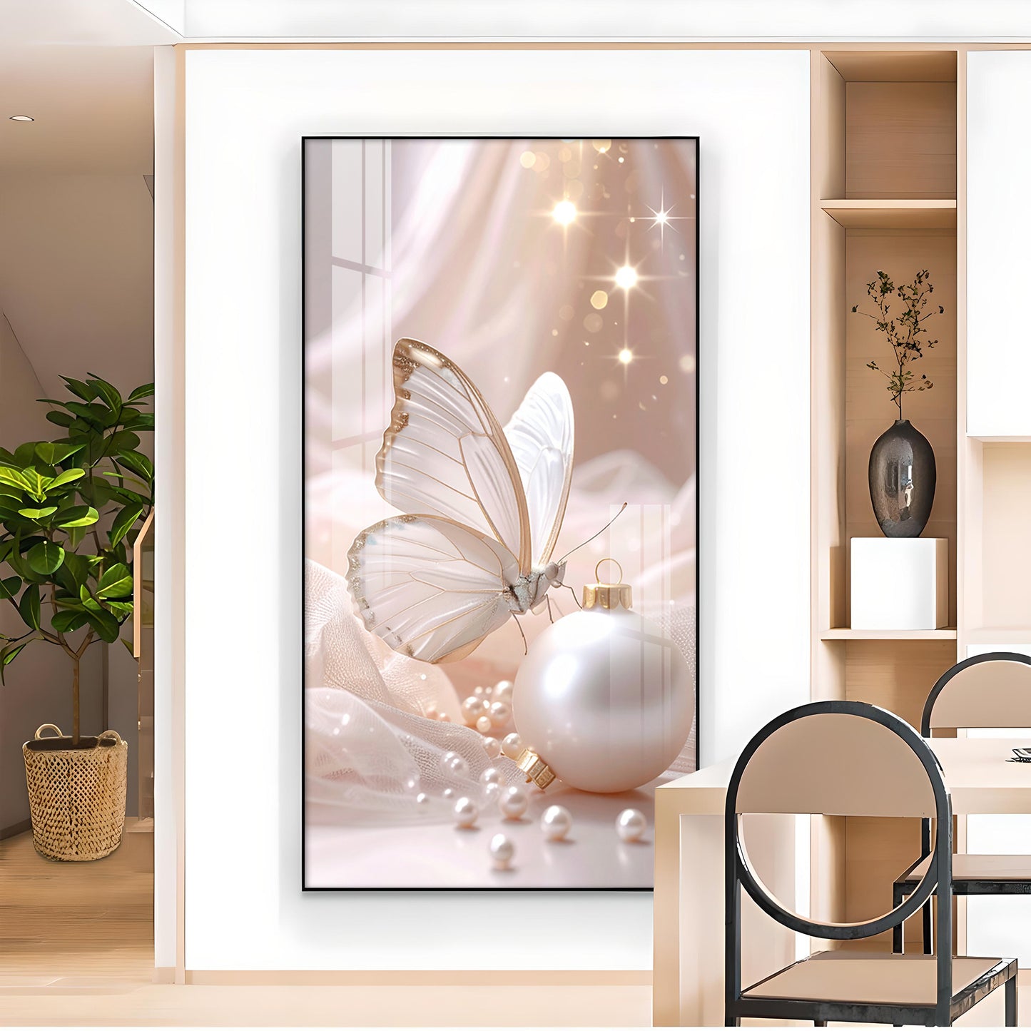 Beautiful Butterfly Glass Finish Vertical Wall Art