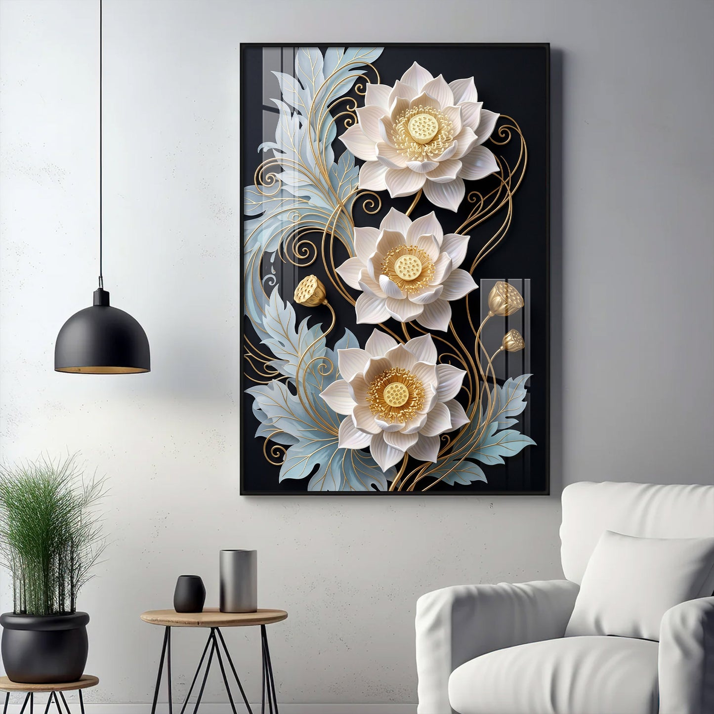White Lotus With Golden Accents Glass Finish Vertical Wall Art