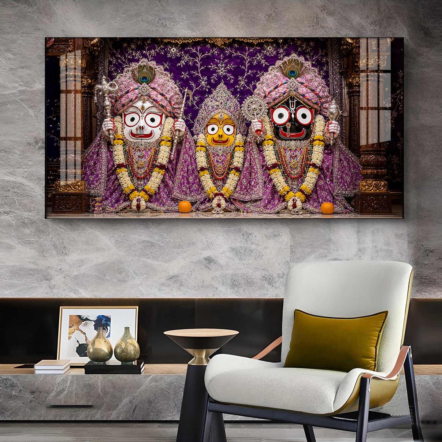 Hindu Deities Lord Jagannath, Subhadra, & Balabhadra Glass Finish Horizontal Wall Art