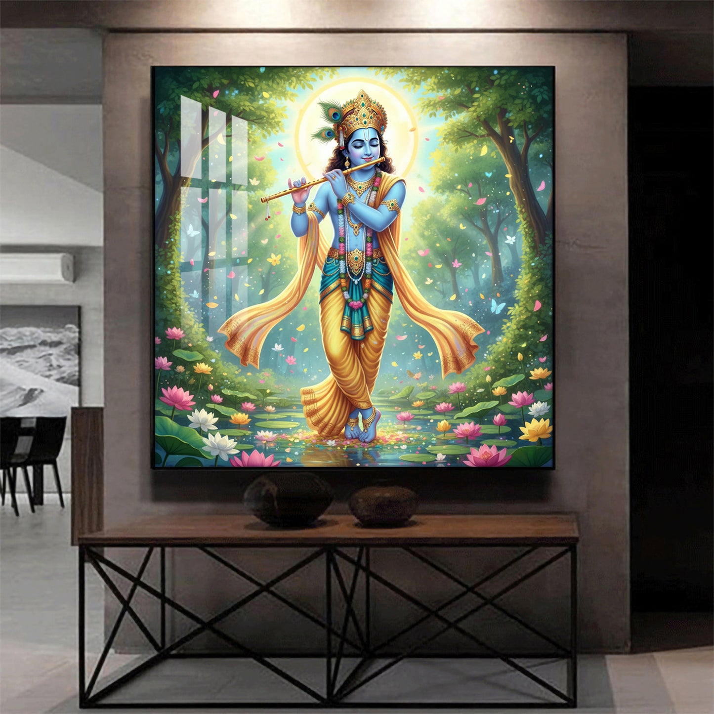Lord Krishna With Blue Skin Glass Finish Square Wall Art