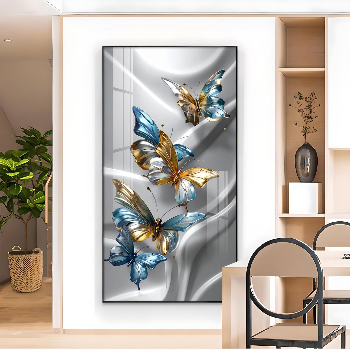 Golden Blue Flutter Glass Finish Vertical Wall Art
