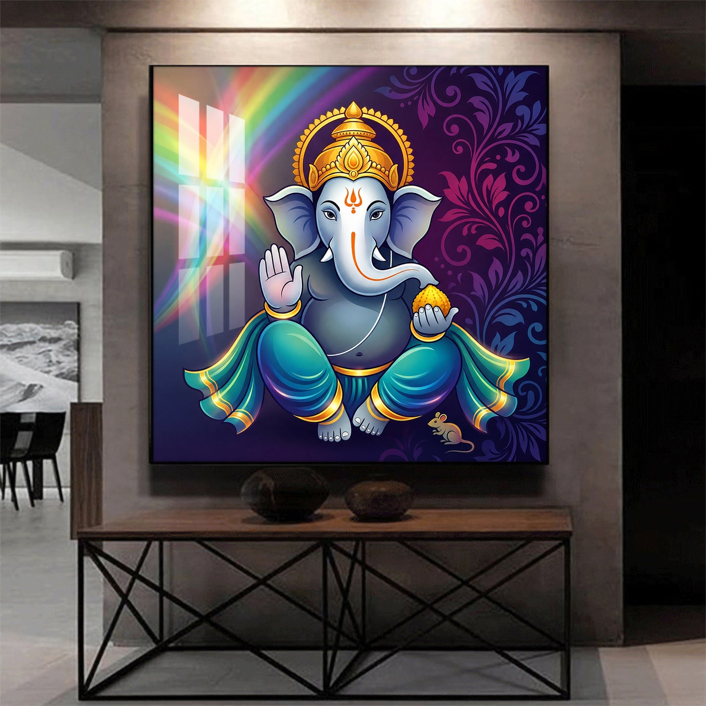 Hindu Deity Lord Ganesha Glass Finish Square Wall Art
