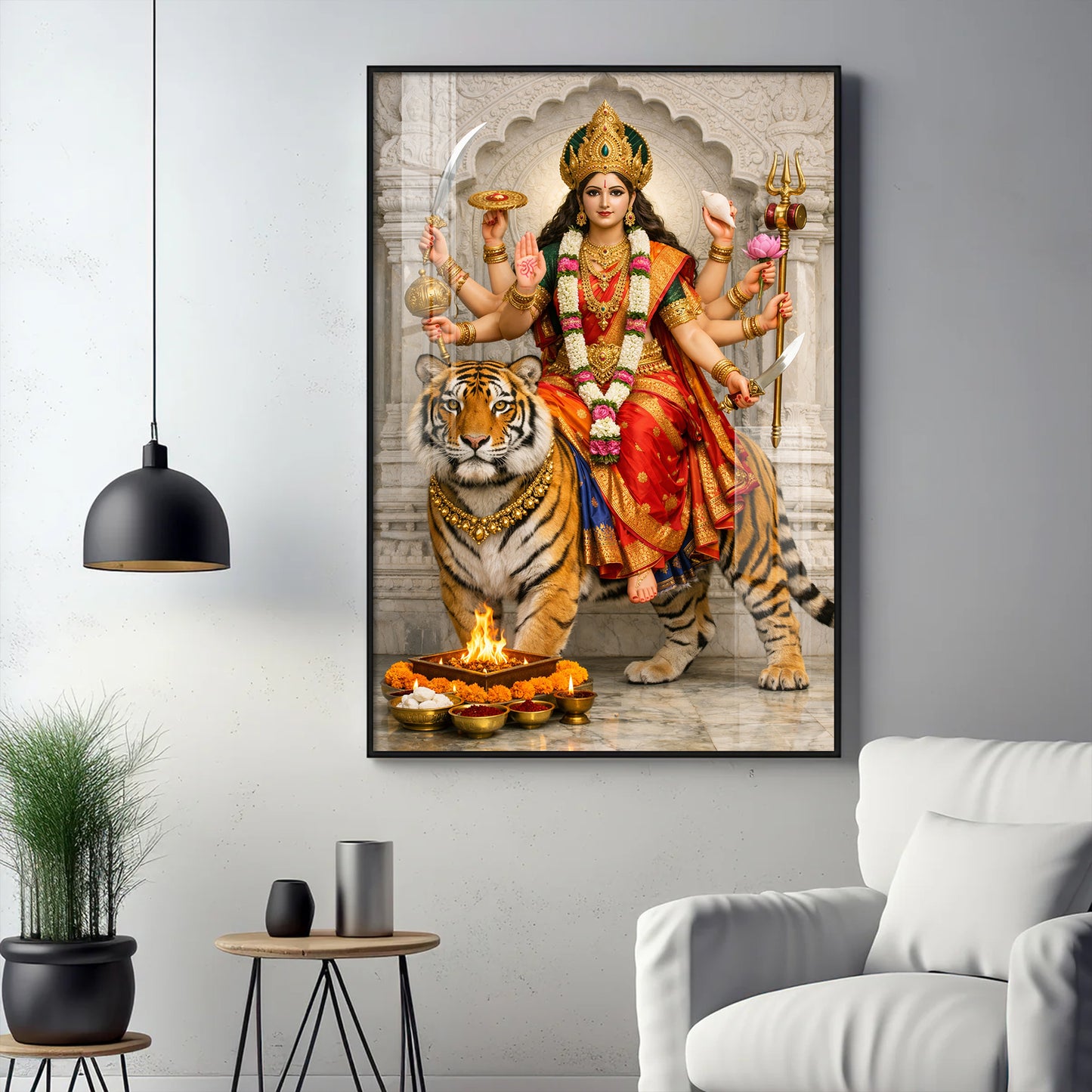 Maa Durga Seated On Tiger Glass Finish Vertical Wall Art