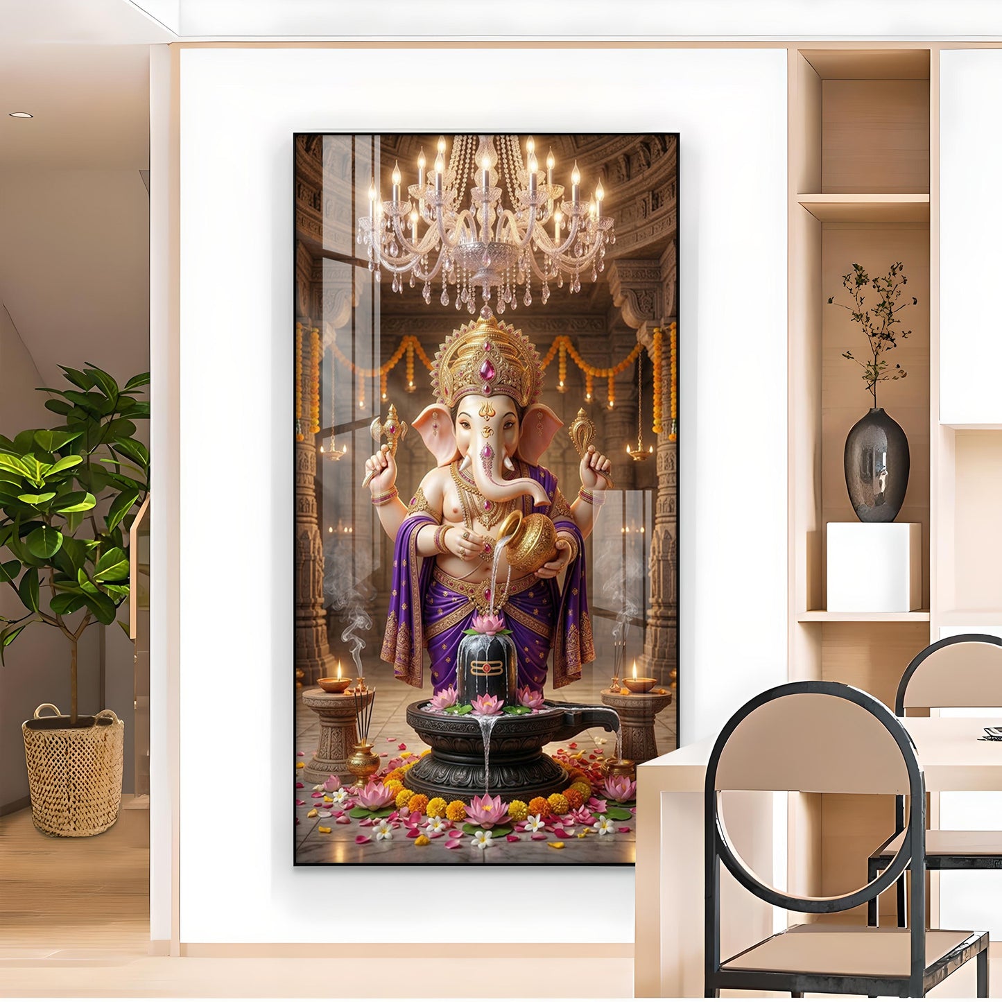 Lord Ganesh With Lord Shiv Glass Finish Vertical Wall Art