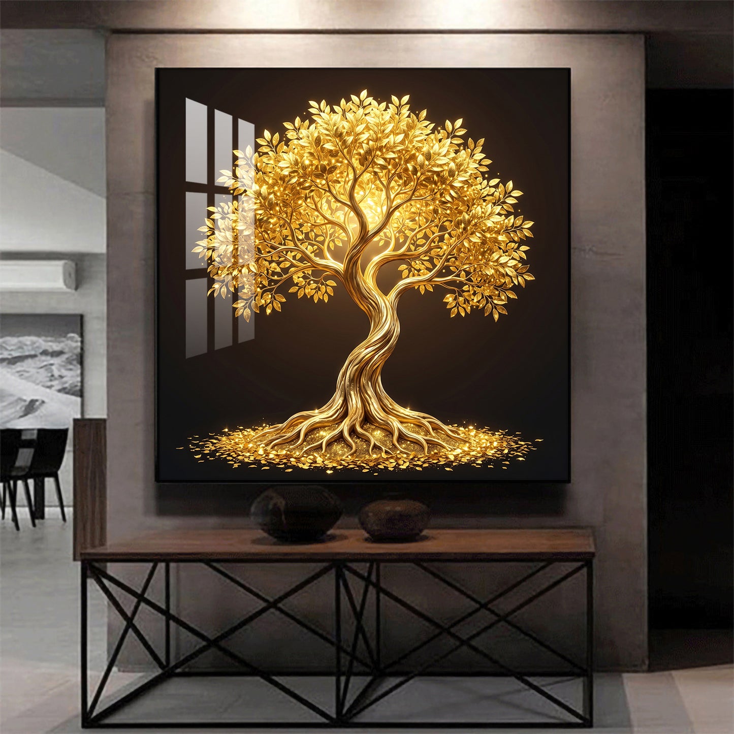 Golden Kalpavriksha Glass Finish Square Wall Art